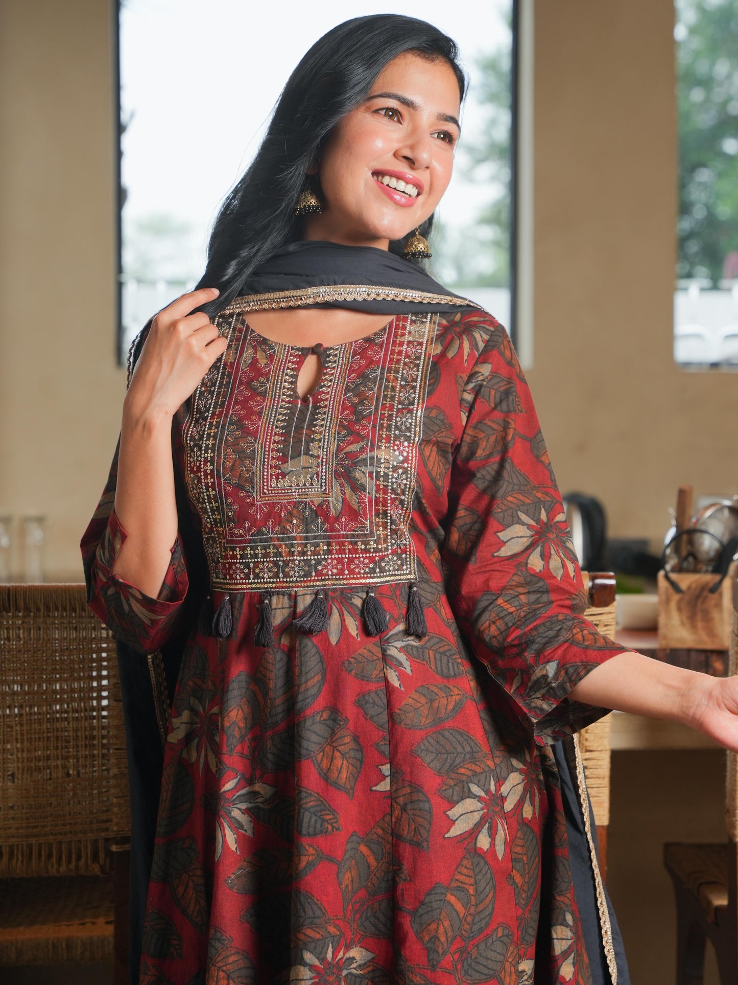 Embroidered Soft Cotton Floral Flared Maroon Kurta