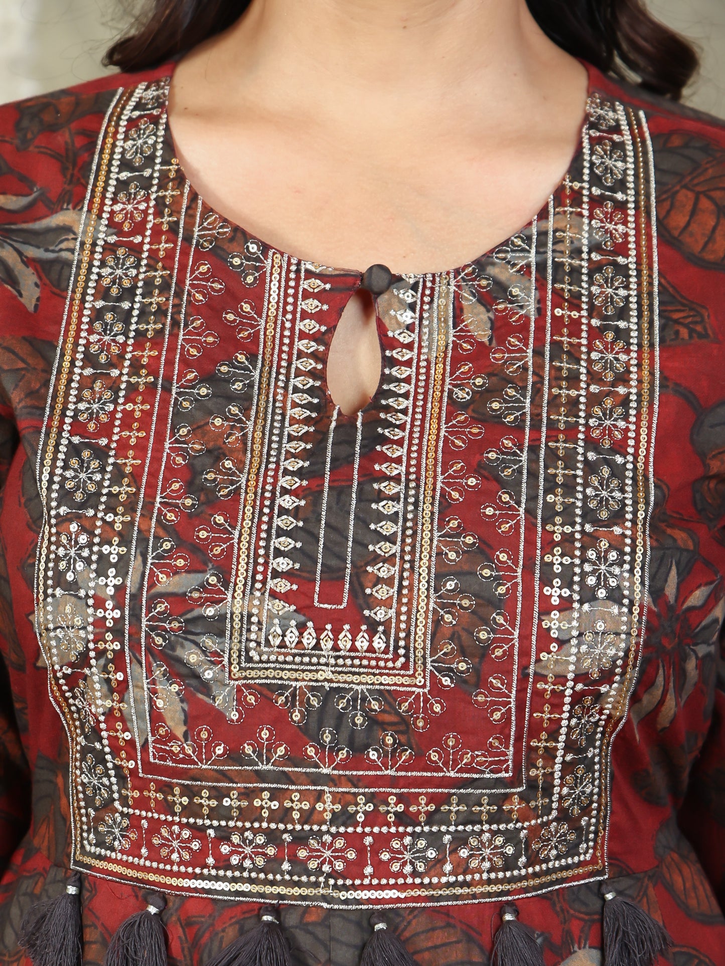 Embroidered Soft Cotton Floral Flared Maroon Kurta