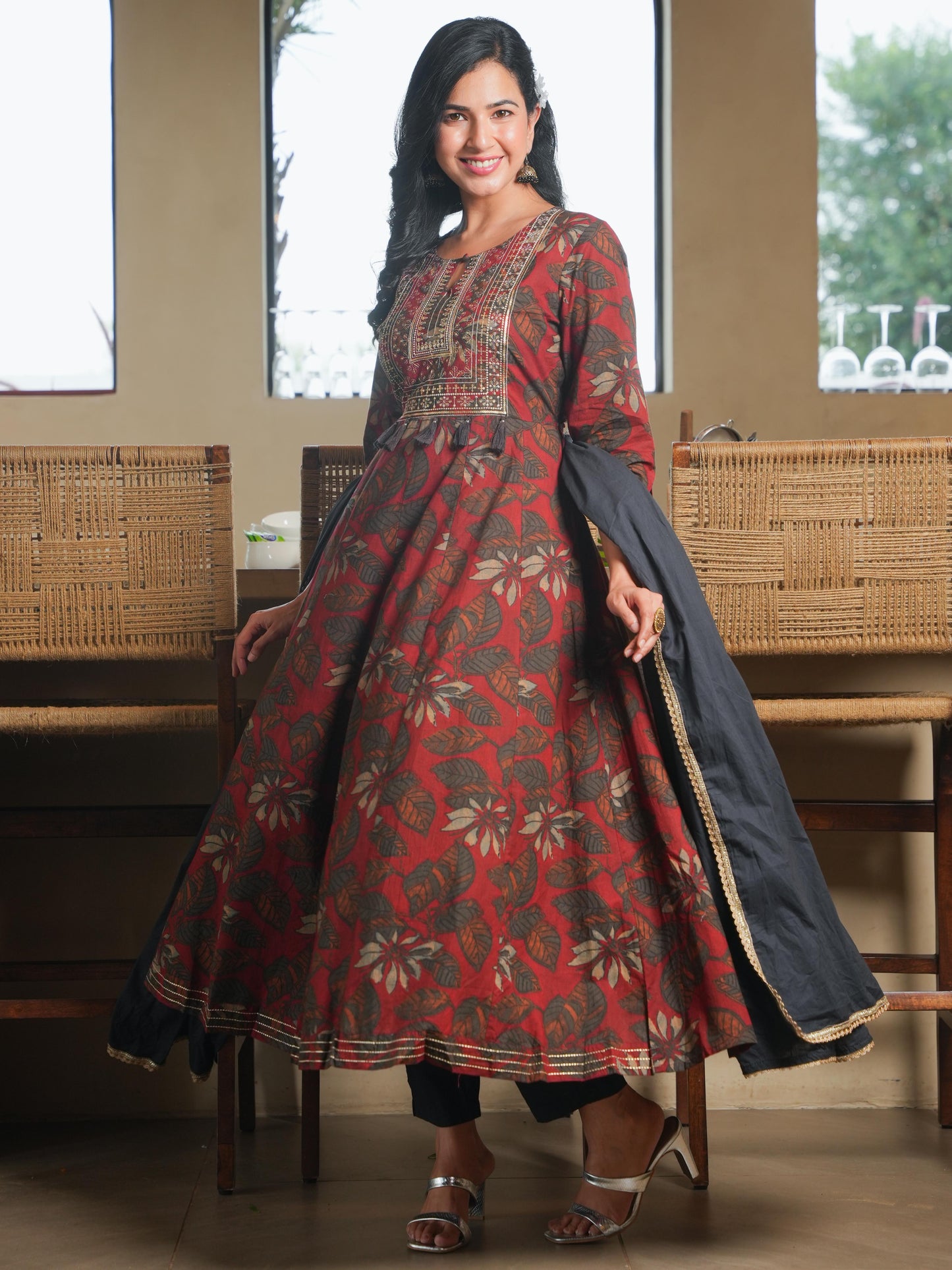 Embroidered Soft Cotton Floral Flared Maroon Kurta