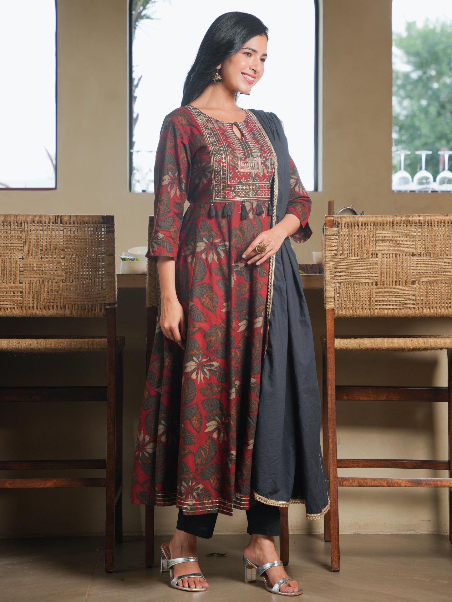Embroidered Soft Cotton Floral Flared Maroon Kurta