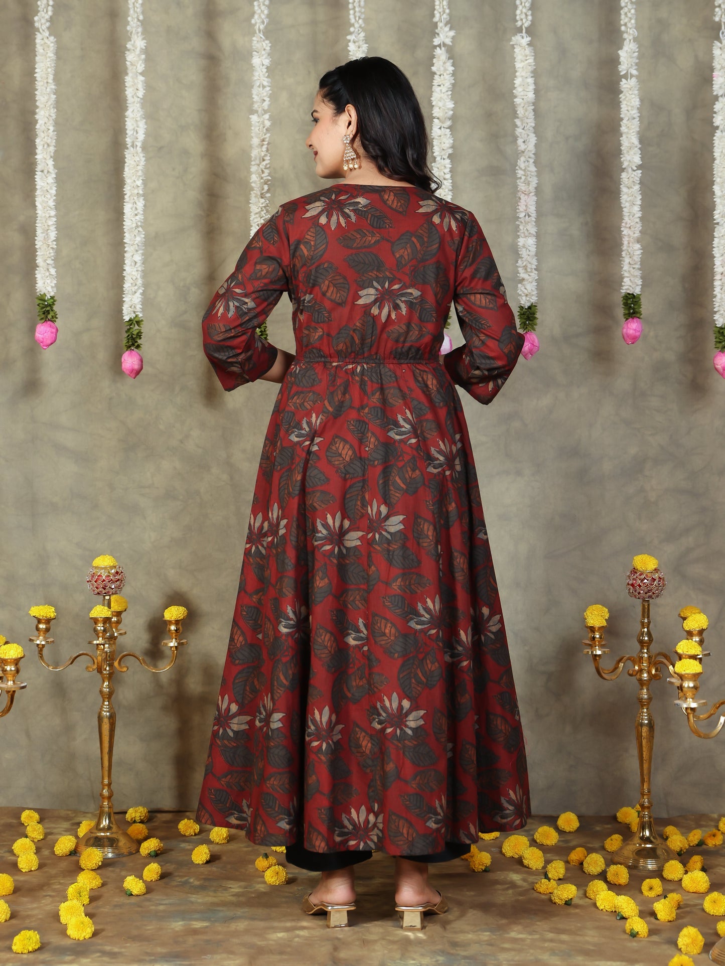 Embroidered Soft Cotton Floral Flared Maroon Kurta