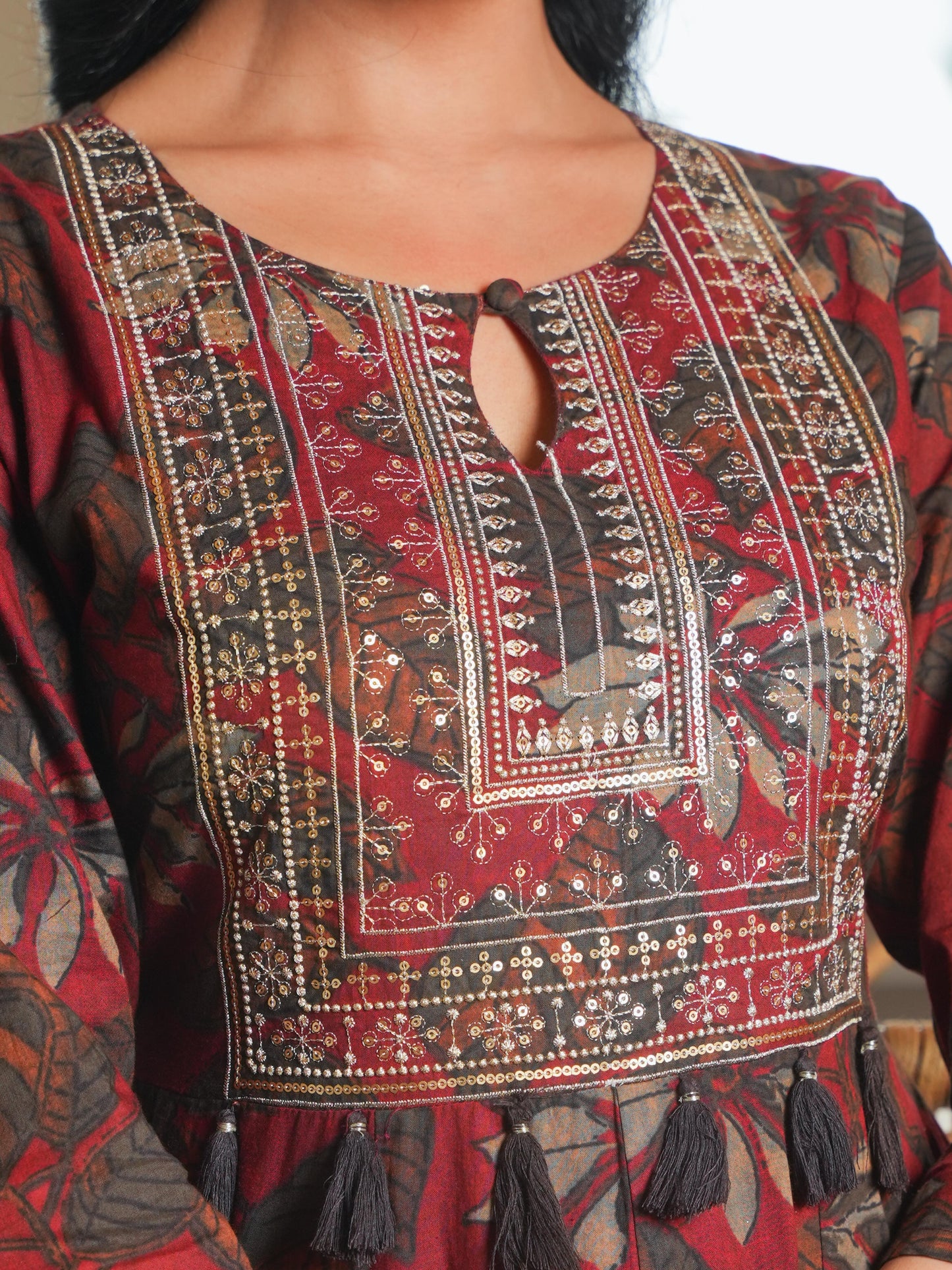 Embroidered Soft Cotton Floral Flared Maroon Kurta