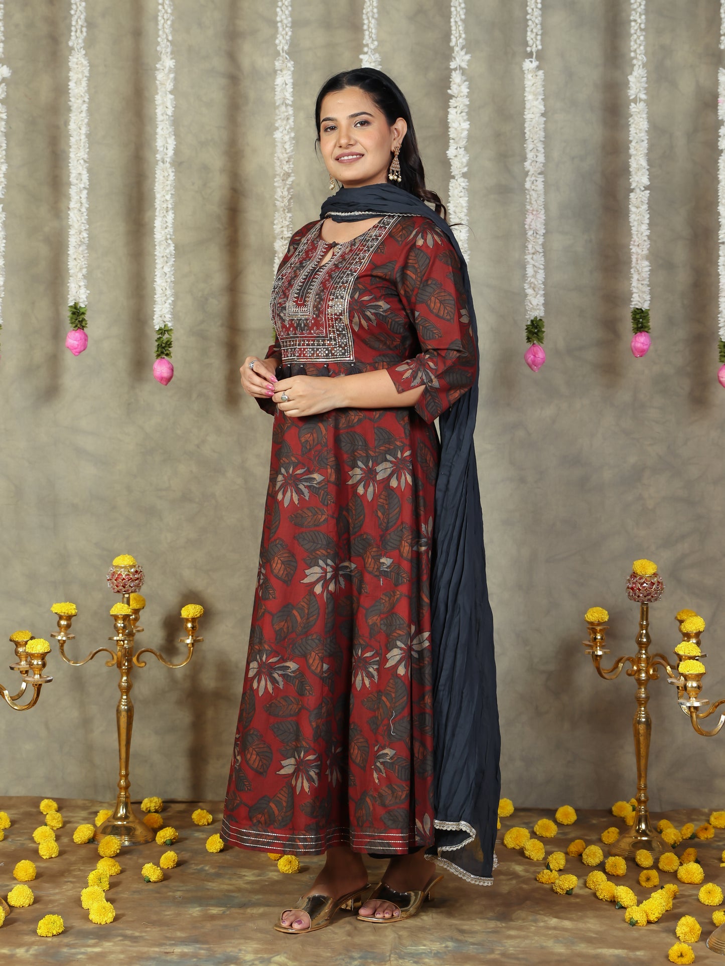 Embroidered Soft Cotton Floral Flared Maroon Kurta