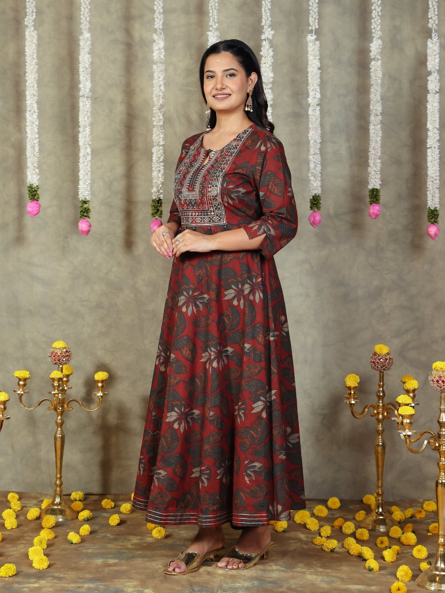 Embroidered Soft Cotton Floral Flared Maroon Kurta