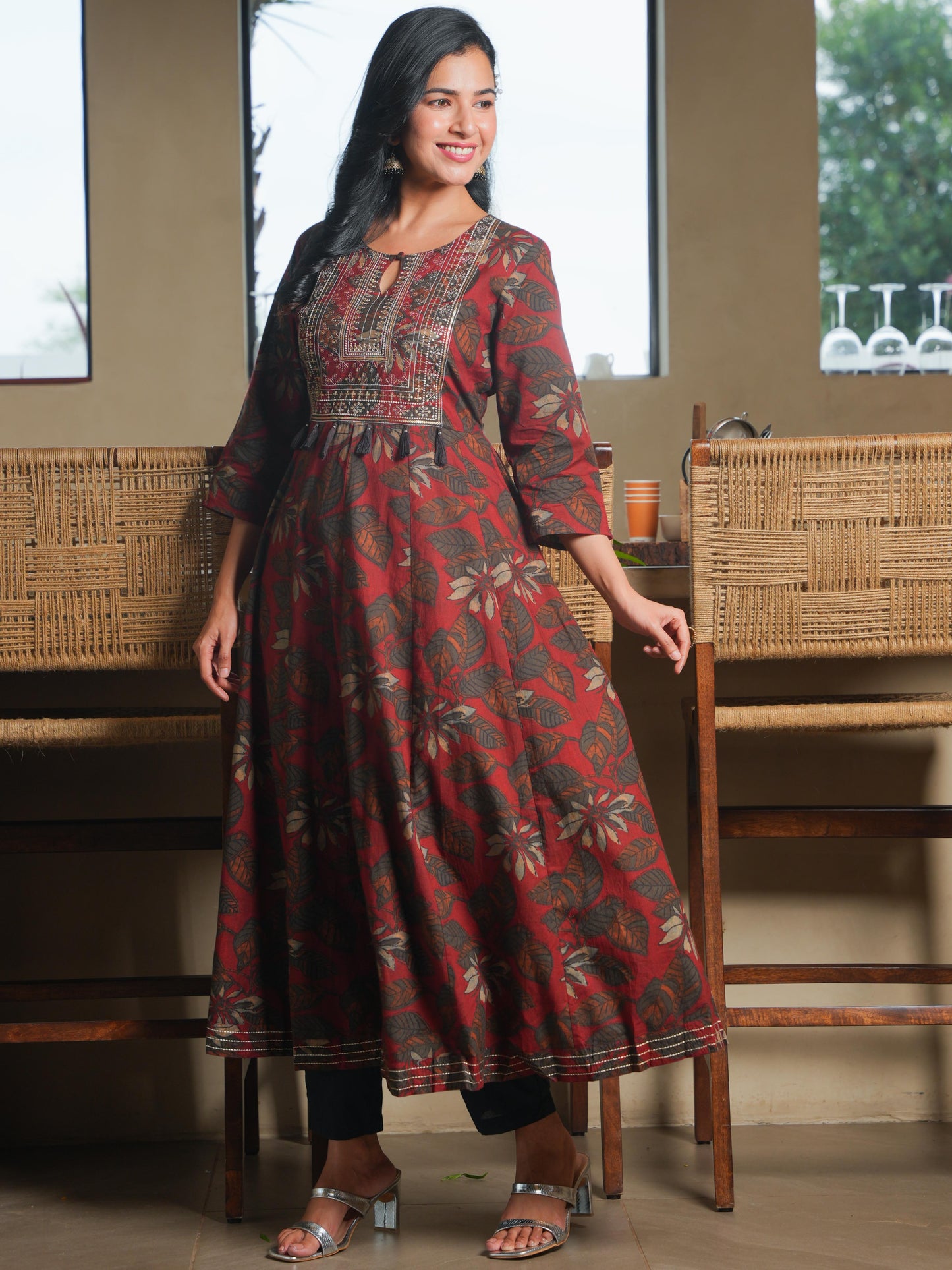 Embroidered Soft Cotton Floral Flared Maroon Kurta