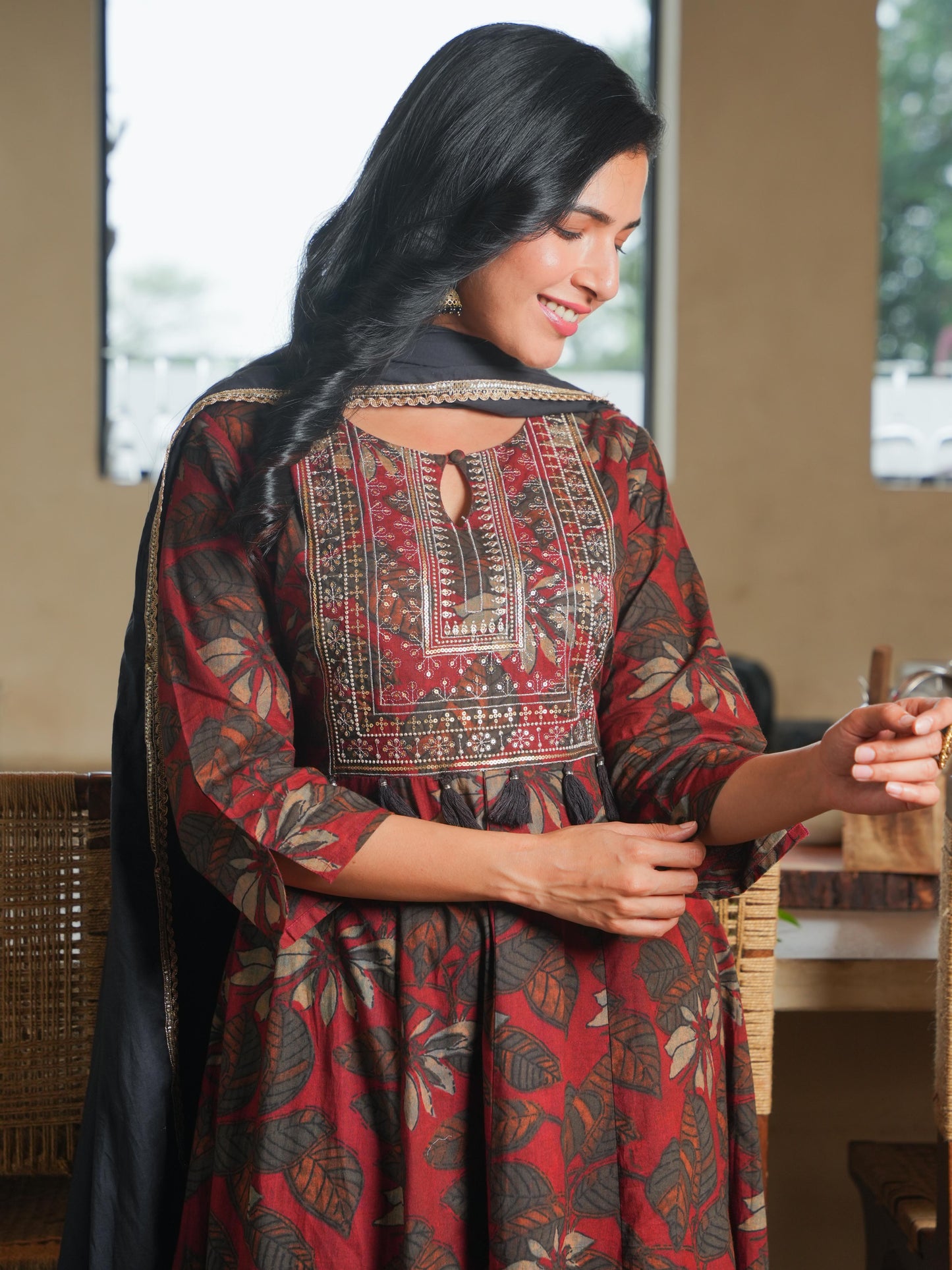 Embroidered Soft Cotton Floral Flared Maroon Kurta