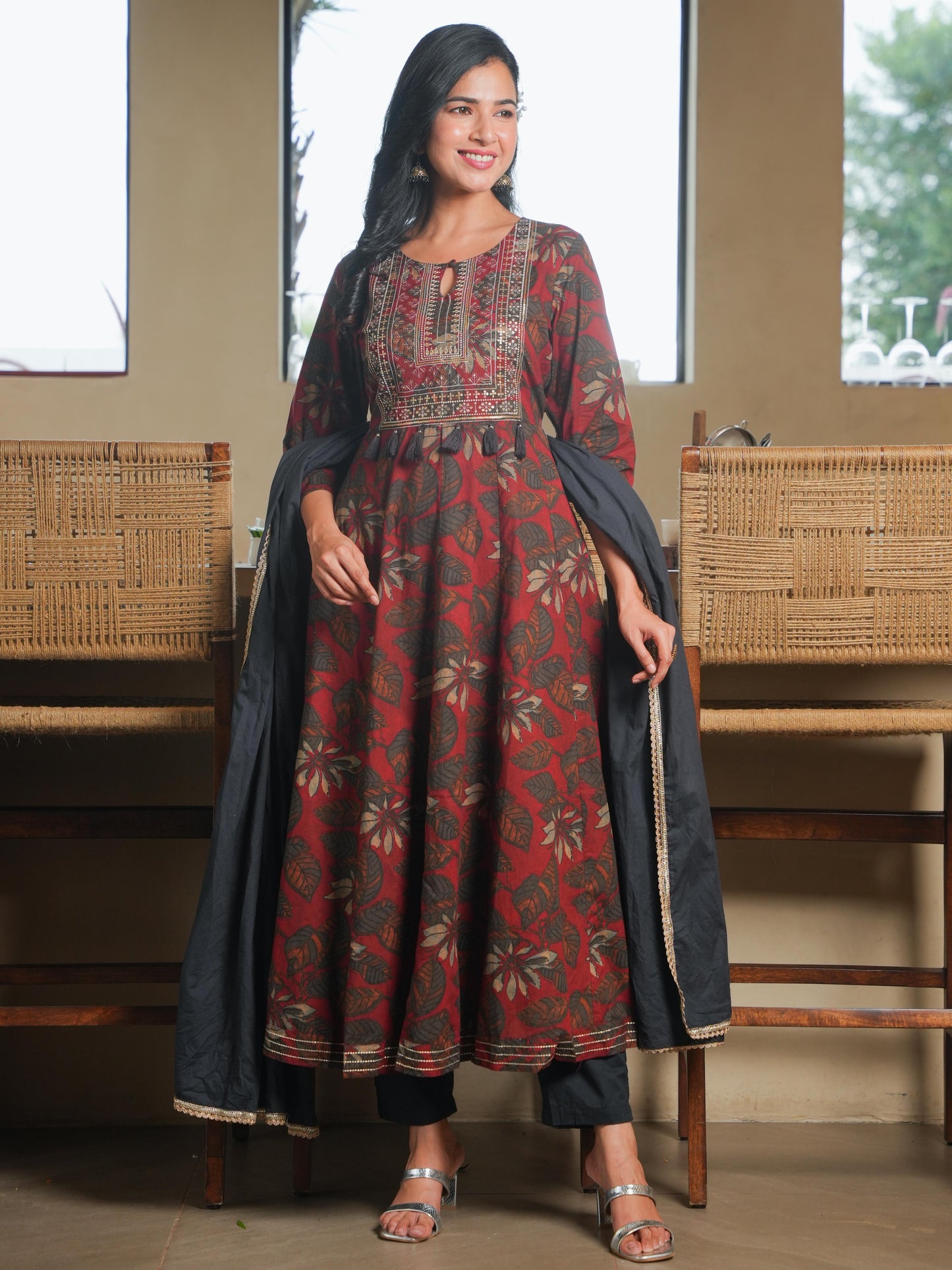 Embroidered Soft Cotton Floral Flared Maroon Kurta