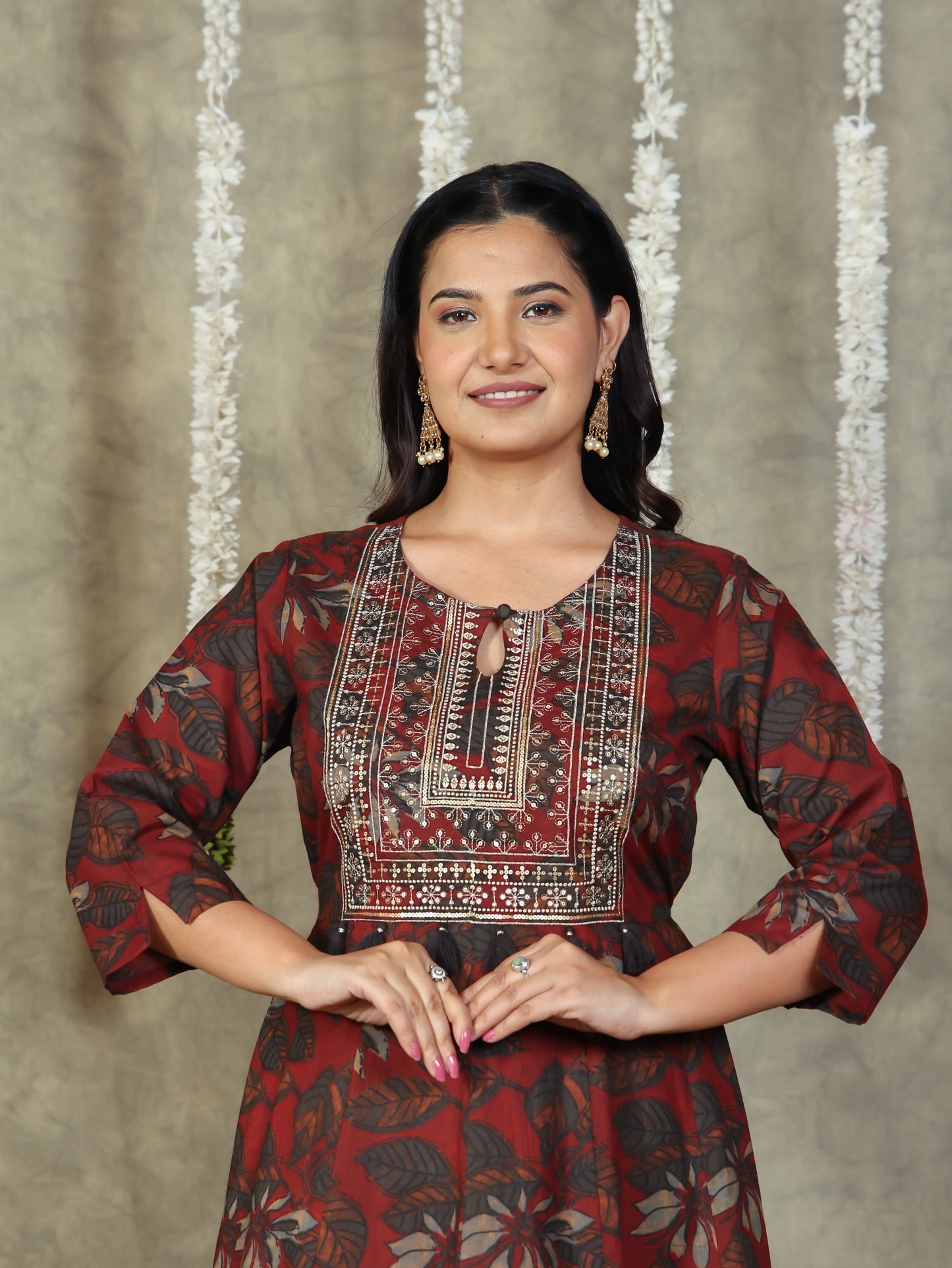 Embroidered Soft Cotton Floral Flared Maroon Kurta