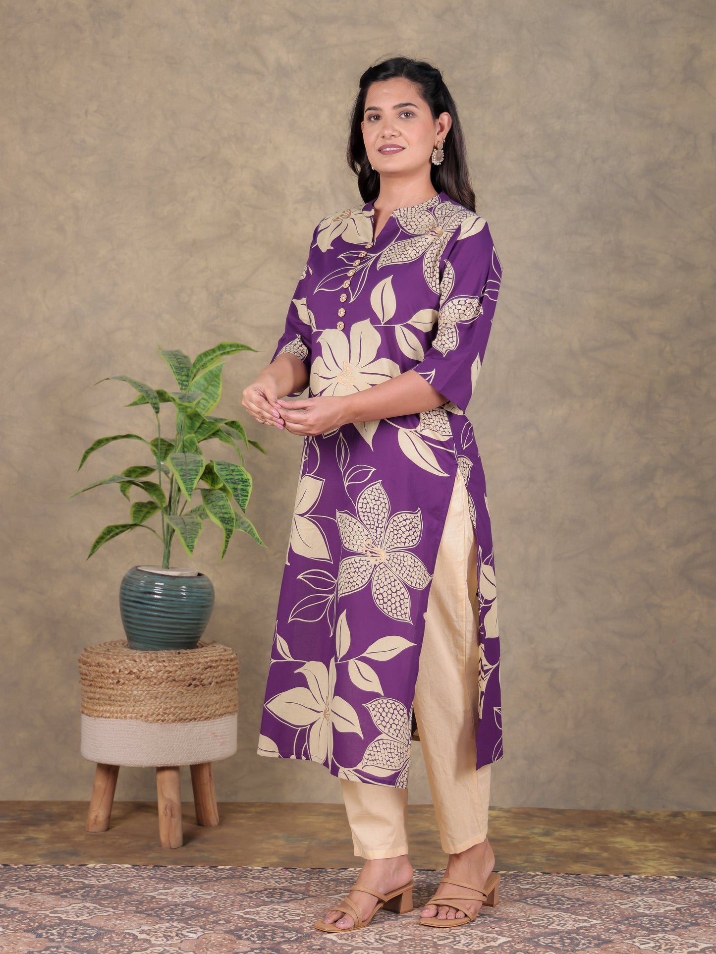 Soft Cotton Floral Straight Purple Kurta