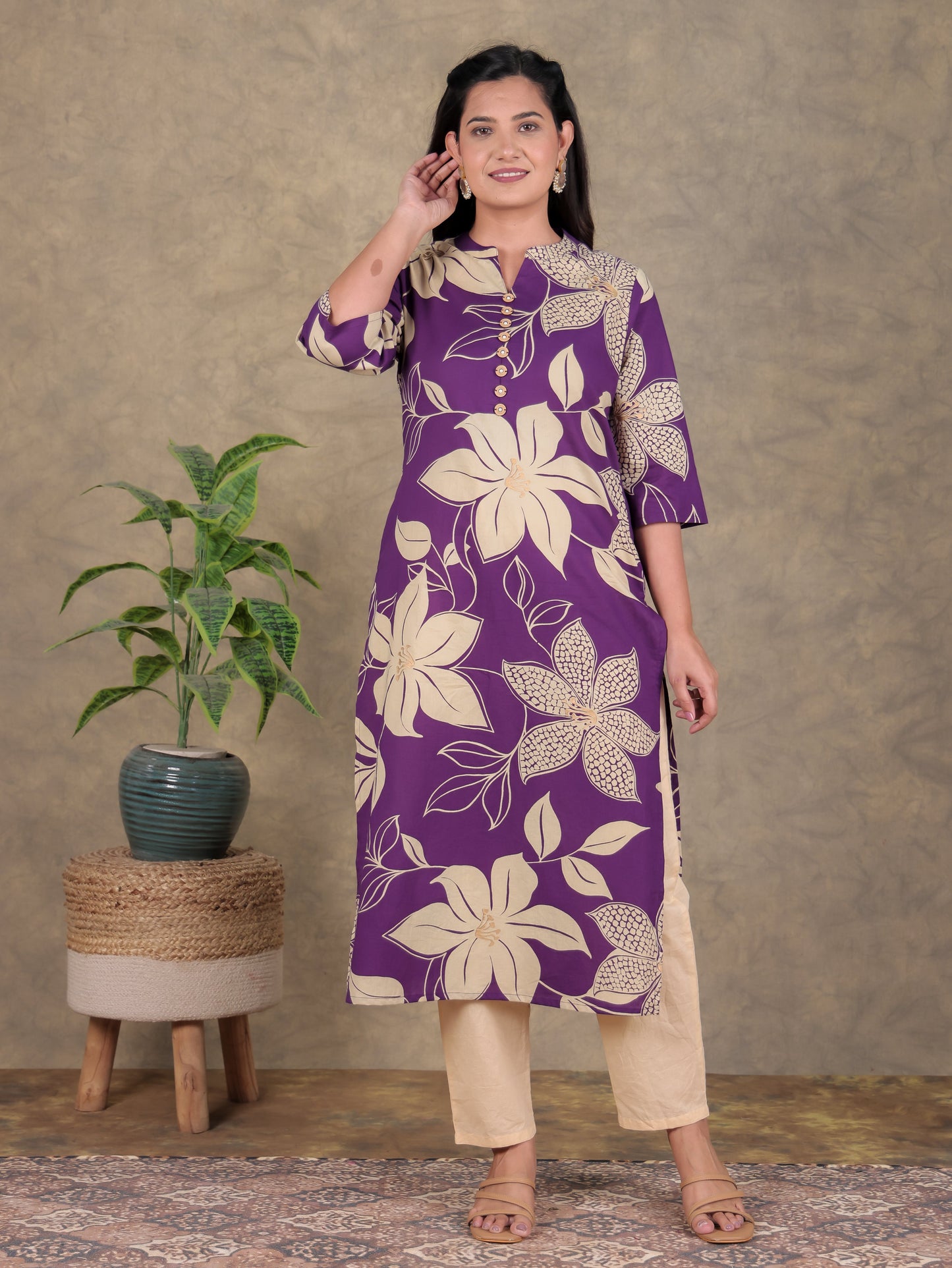 Soft Cotton Floral Straight Purple Kurta