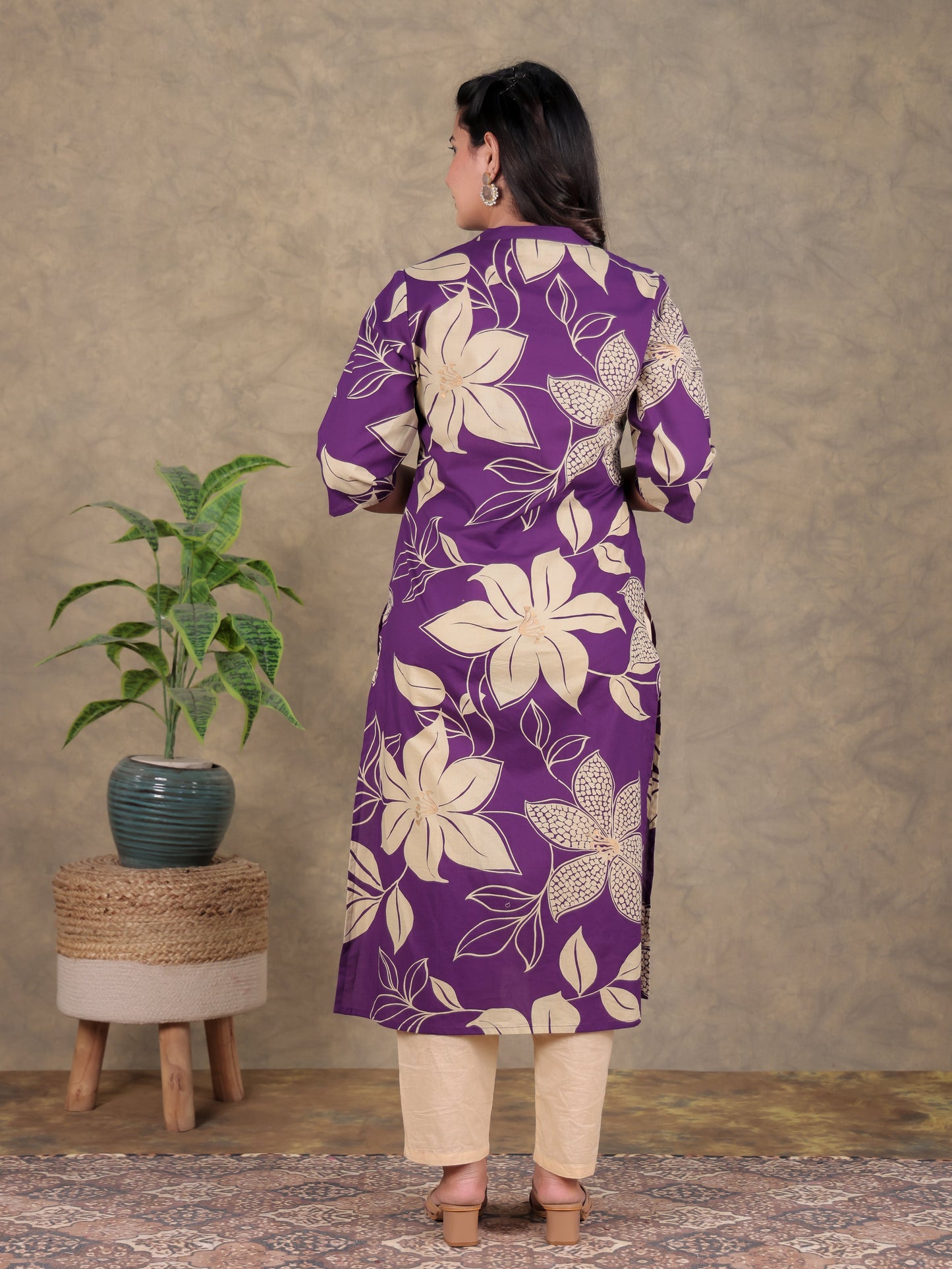 Soft Cotton Floral Straight Purple Kurta