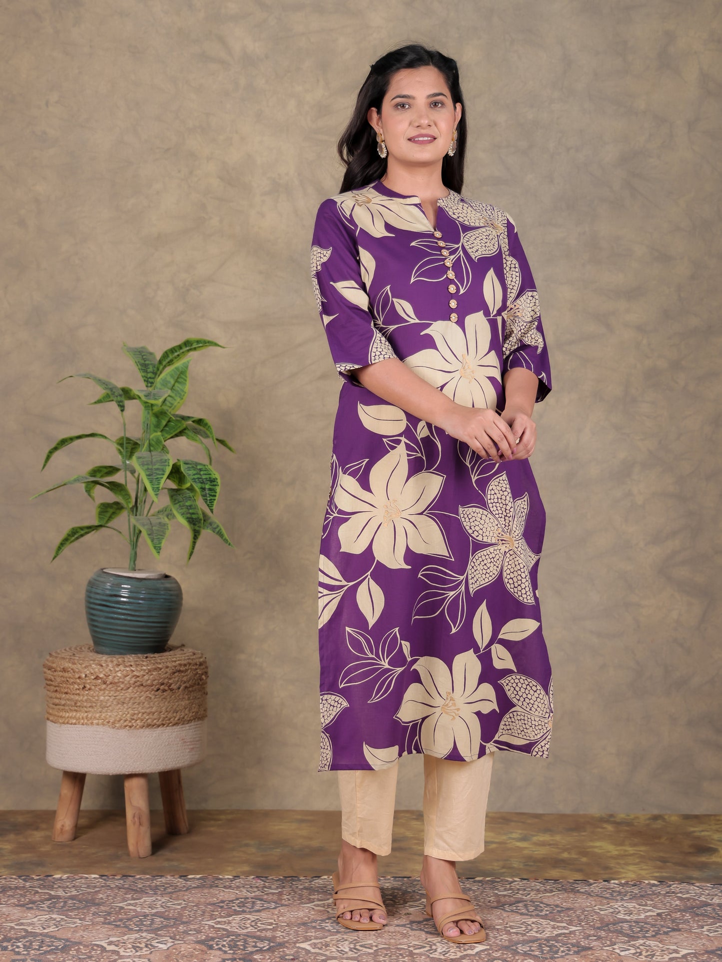 Soft Cotton Floral Straight Purple Kurta