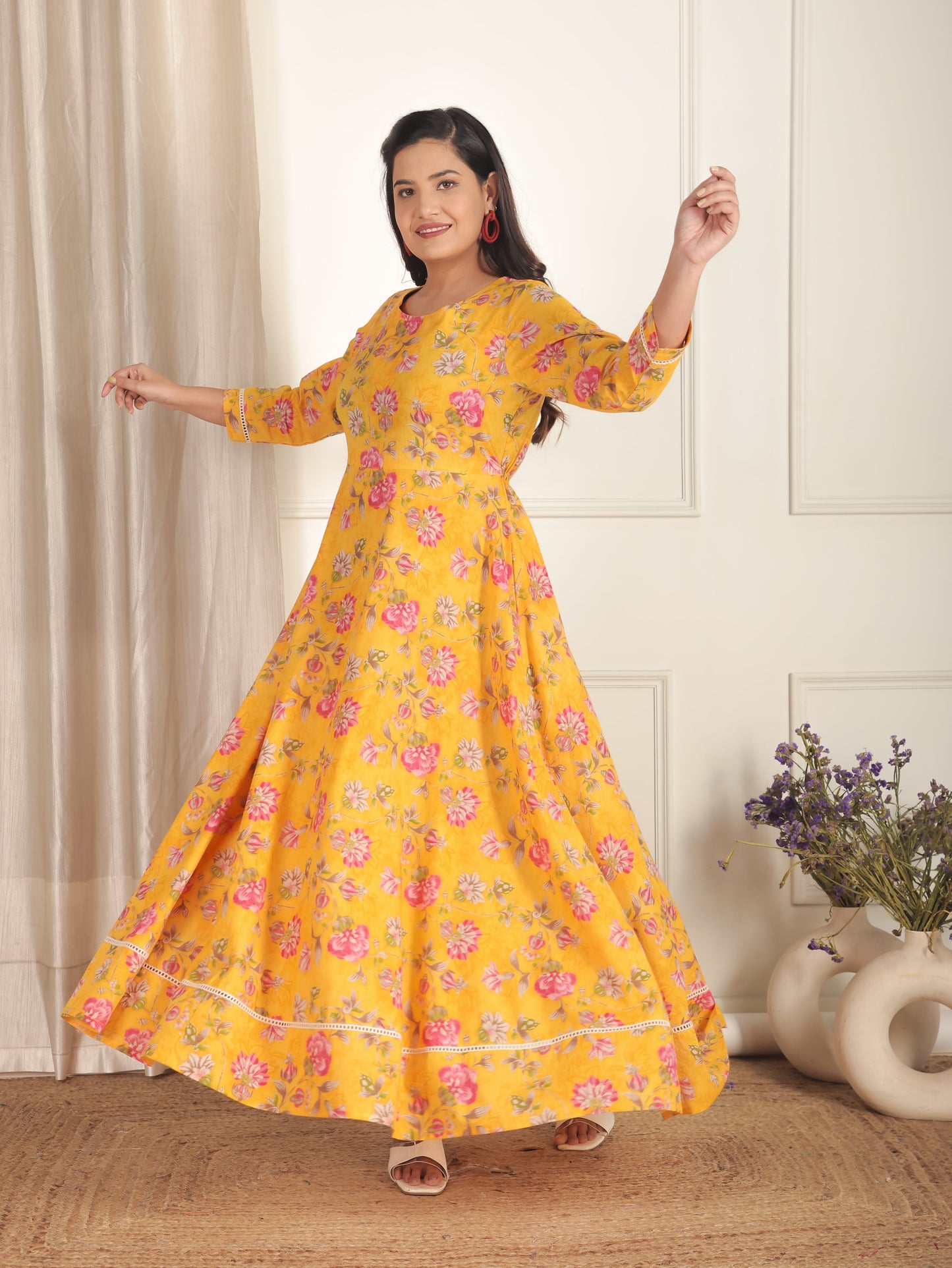 Soft Cotton Floral Anarkali Yellow Dress