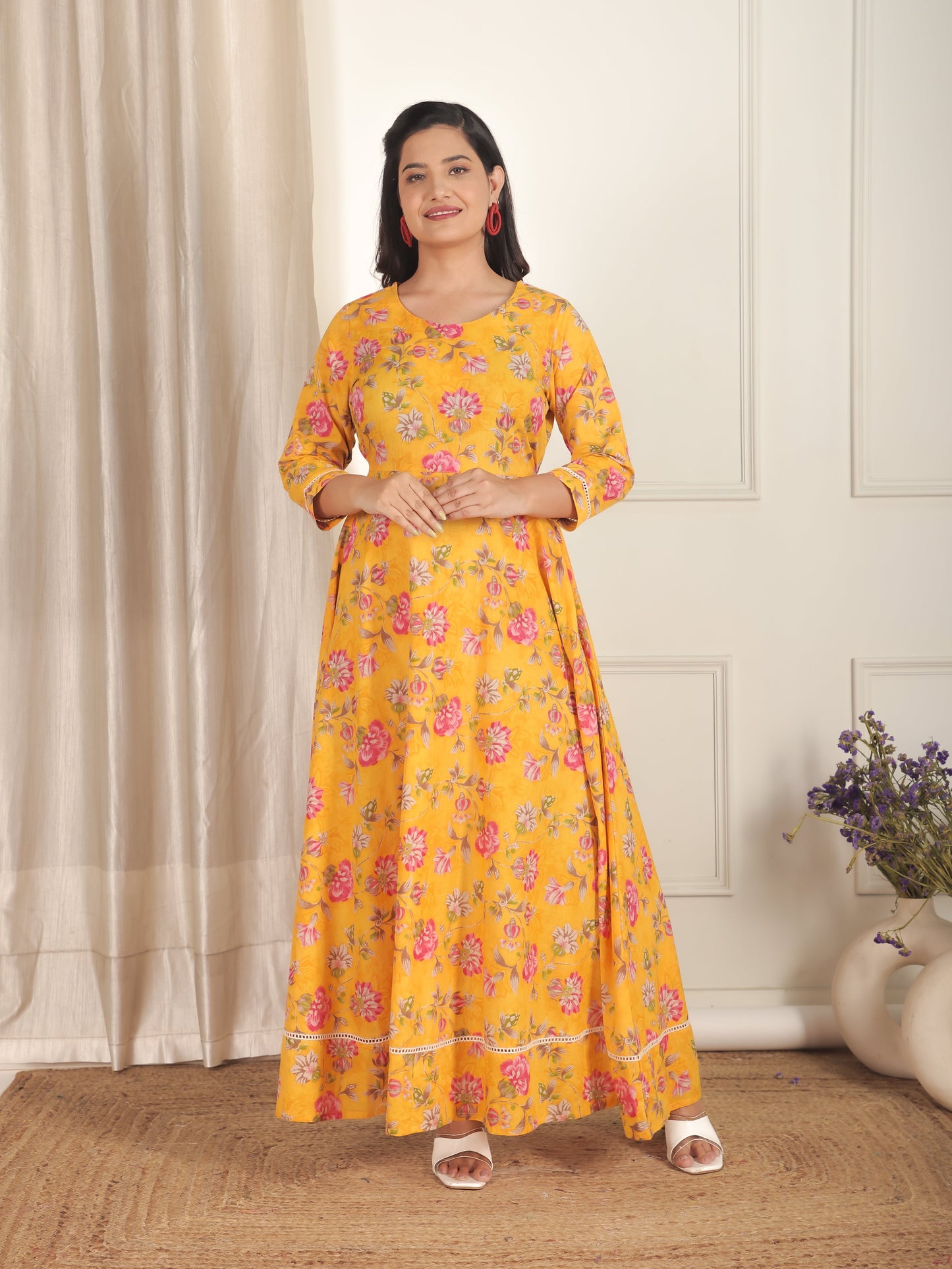 Soft Cotton Floral Anarkali Yellow Dress
