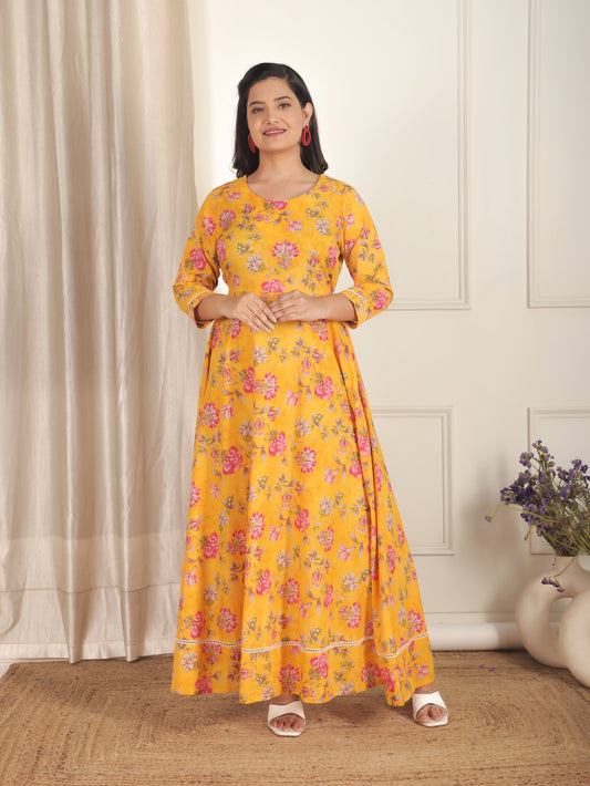 Soft Cotton Floral Anarkali Yellow Dress