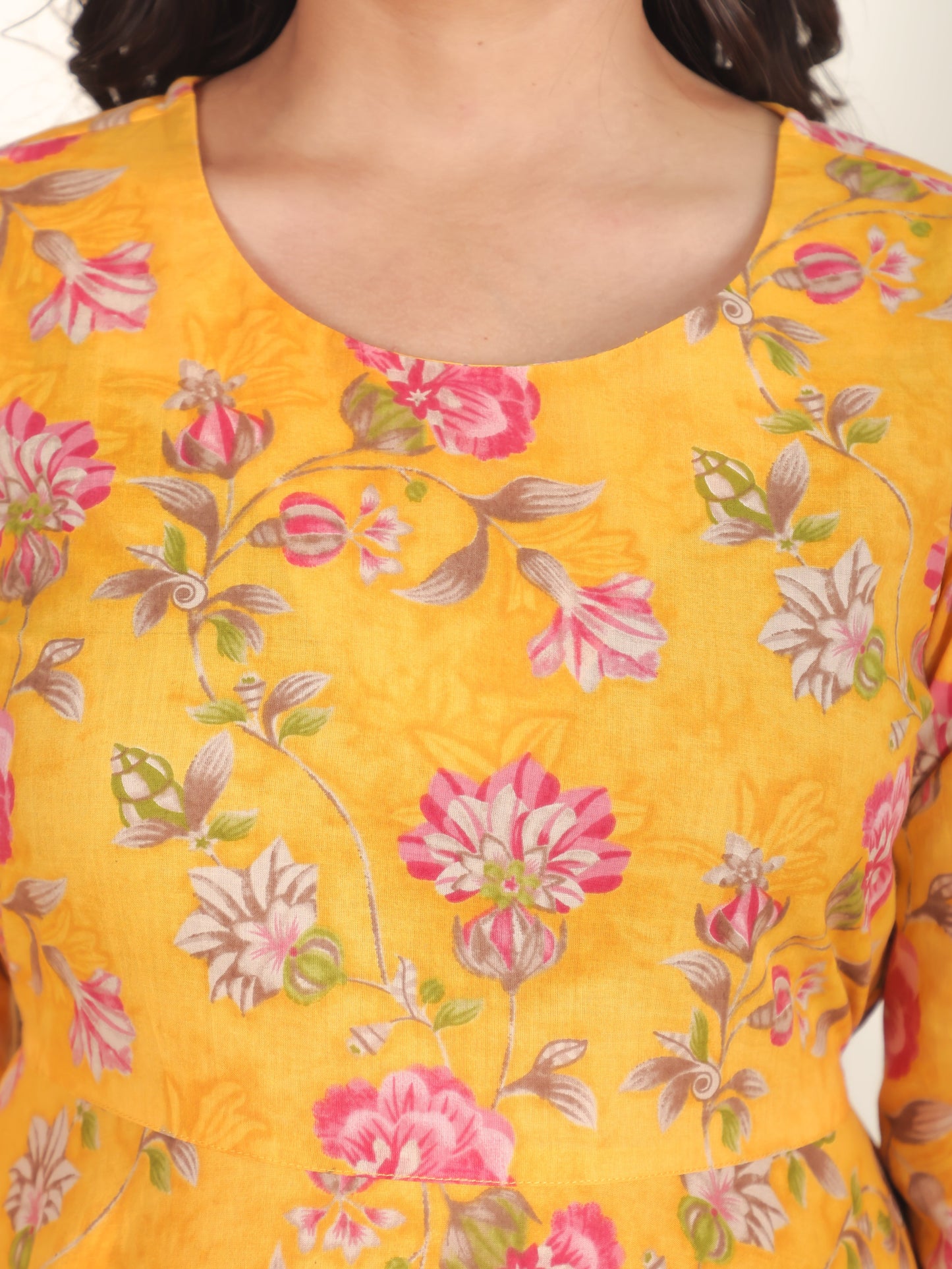 Soft Cotton Floral Anarkali Yellow Dress