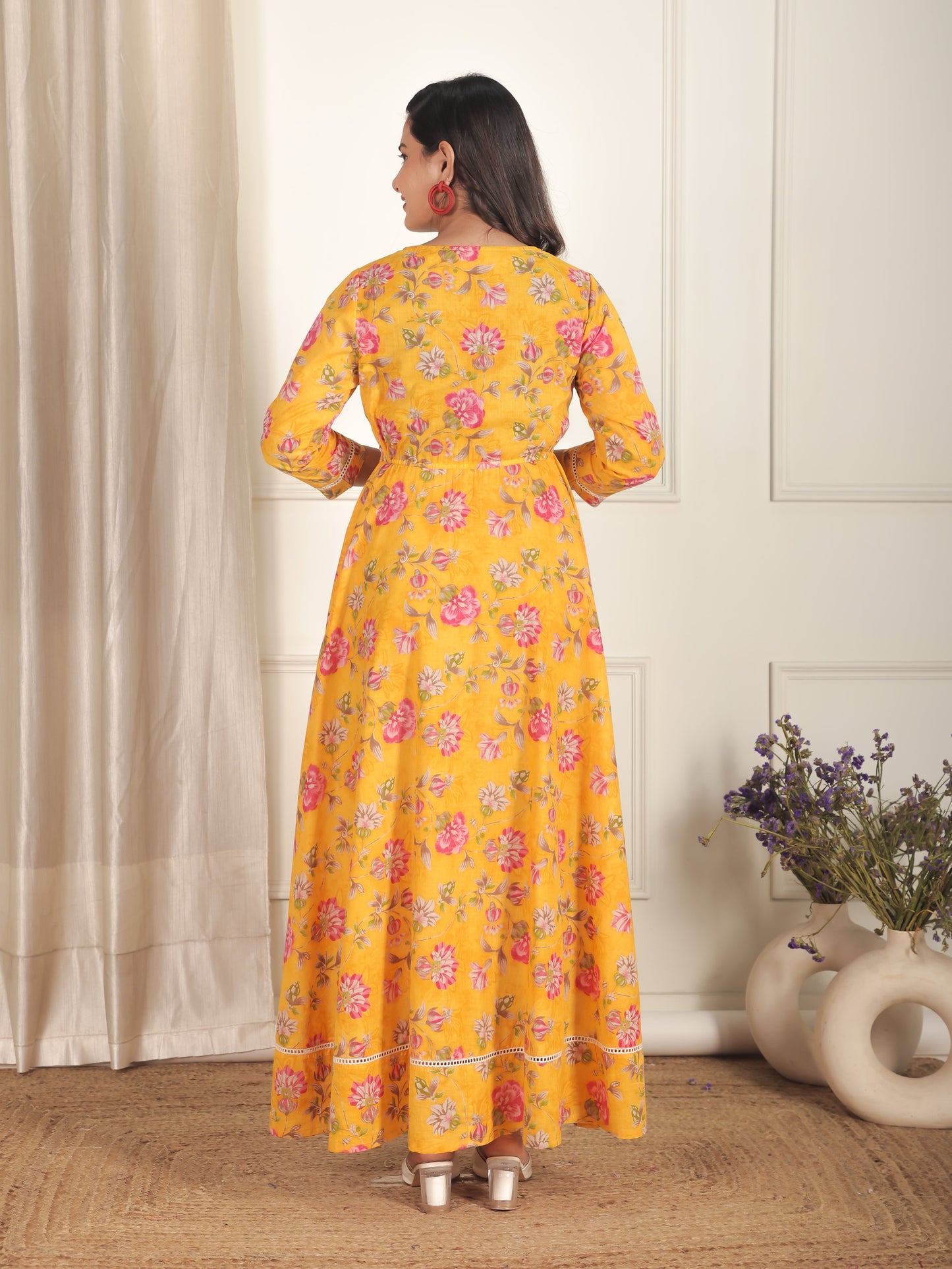 Soft Cotton Floral Anarkali Yellow Dress