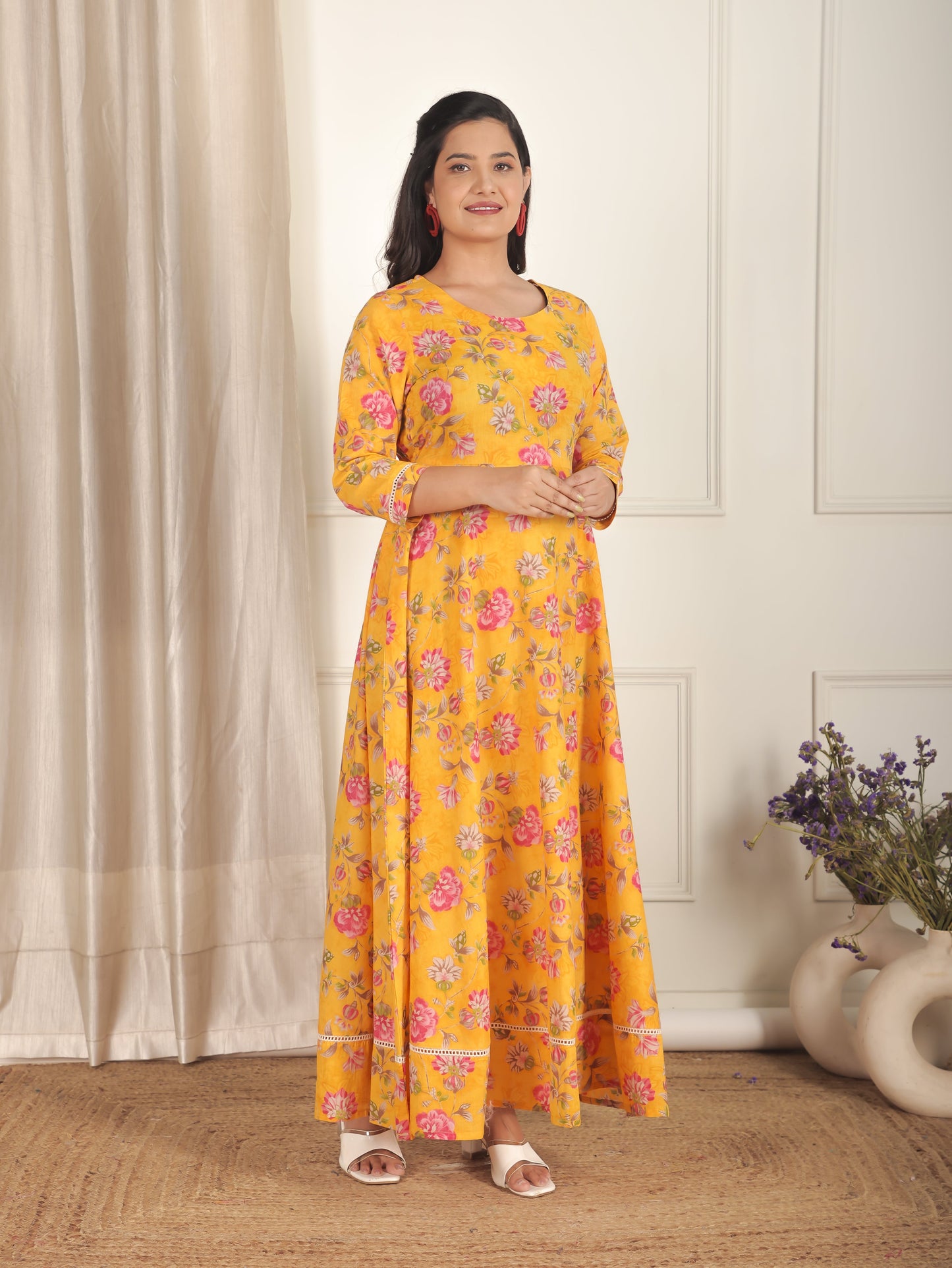 Soft Cotton Floral Anarkali Yellow Dress