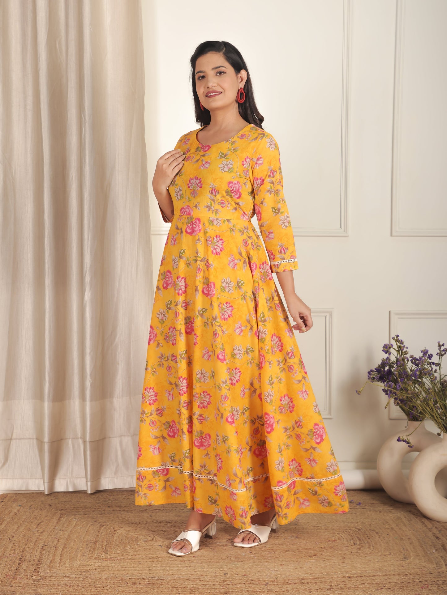 Soft Cotton Floral Anarkali Yellow Dress