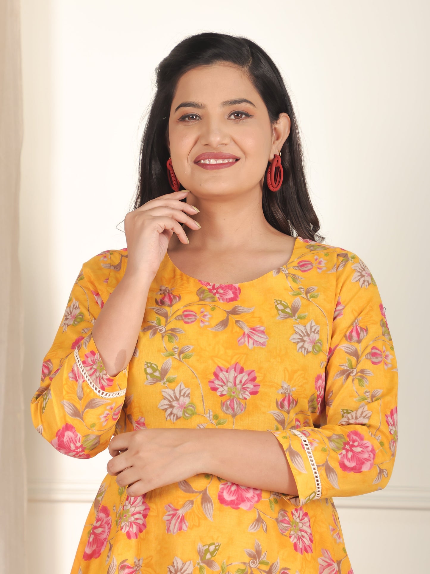 Soft Cotton Floral Anarkali Yellow Dress