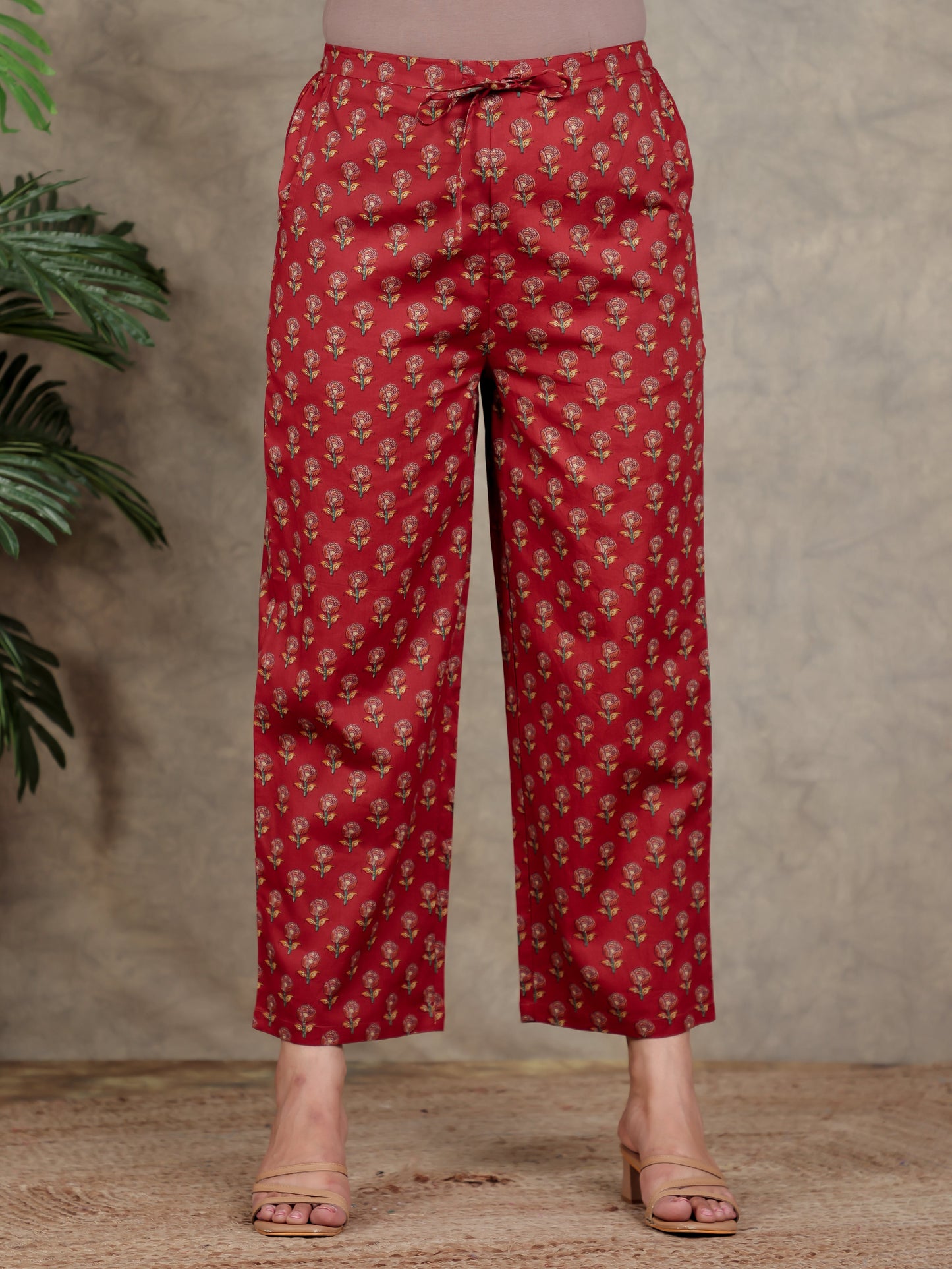 Soft Cotton Floral Red Straight Trousers