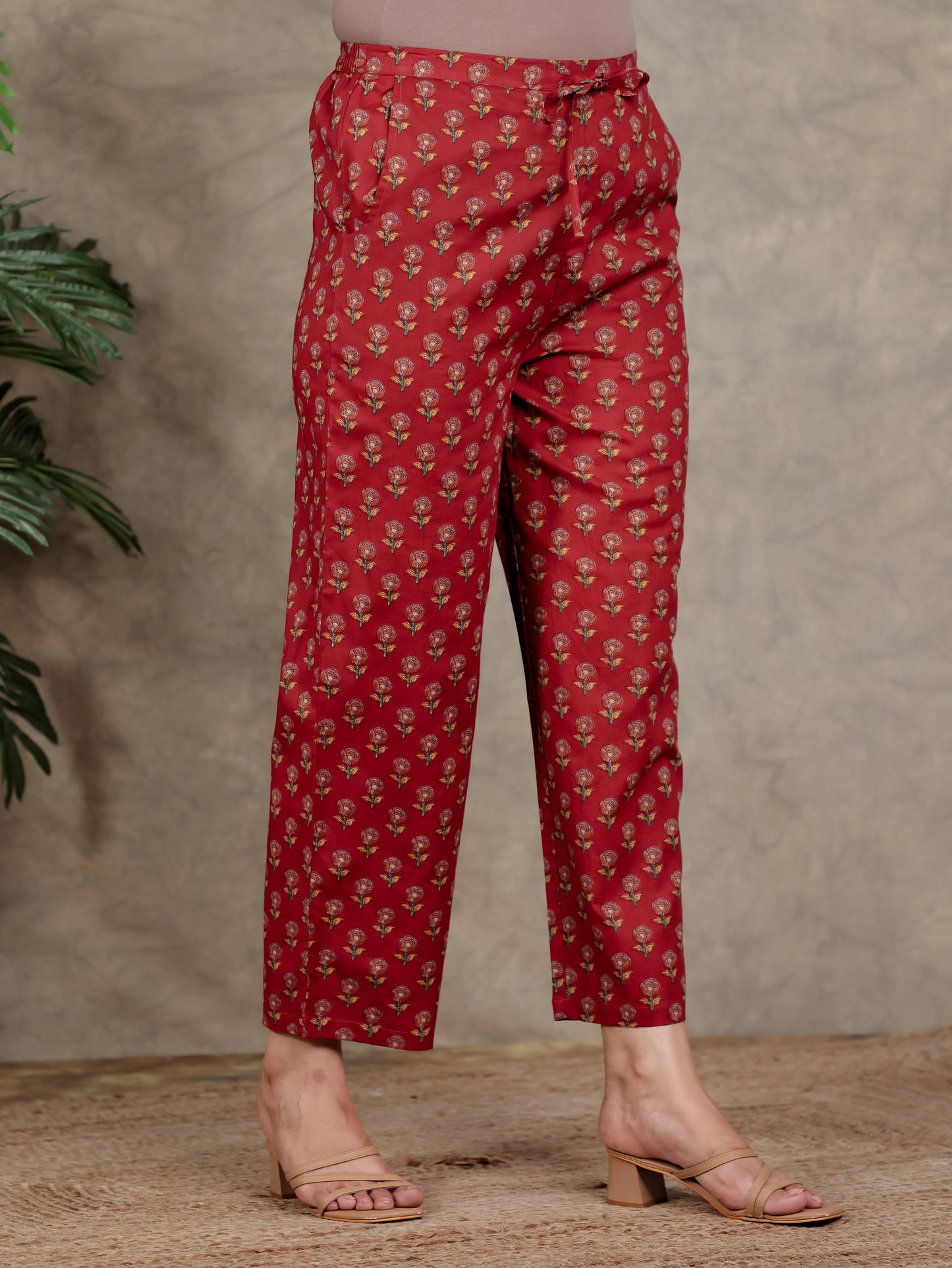 Soft Cotton Floral Red Straight Trousers