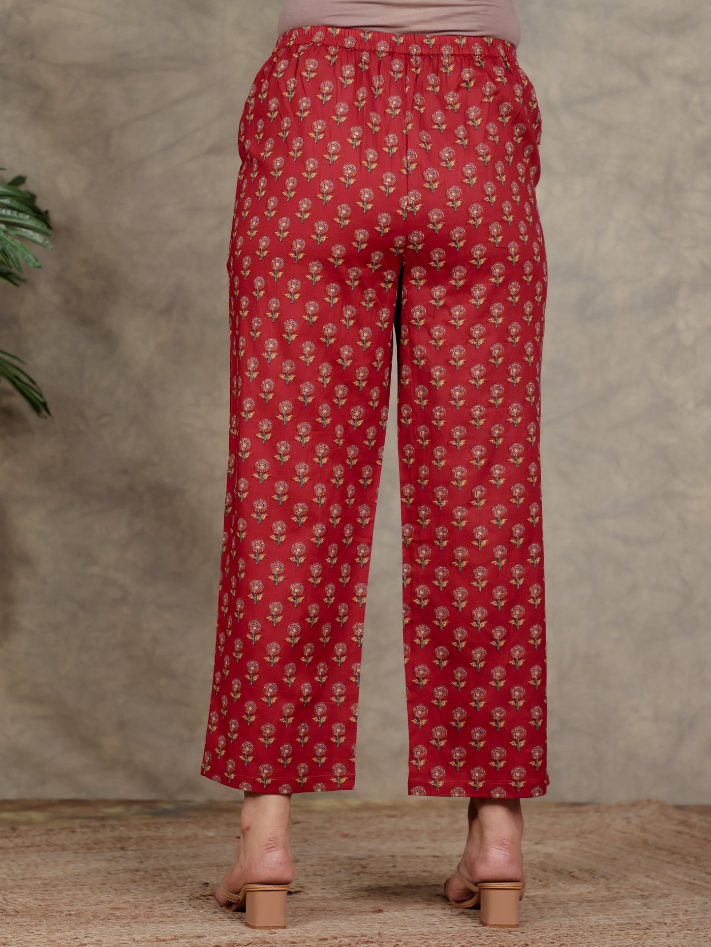 Soft Cotton Floral Red Straight Trousers