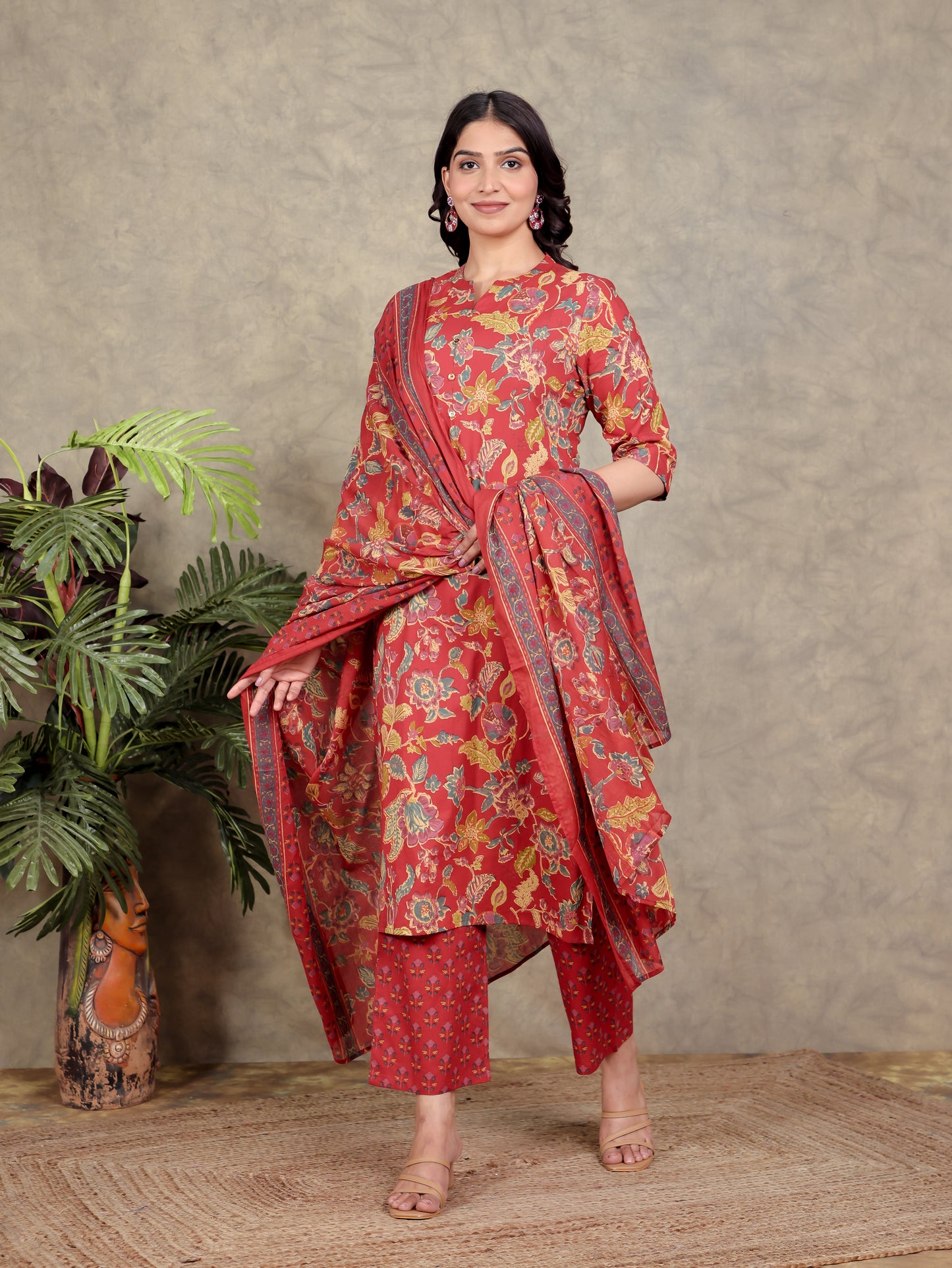Soft Cotton Floral Straight Red Kurta