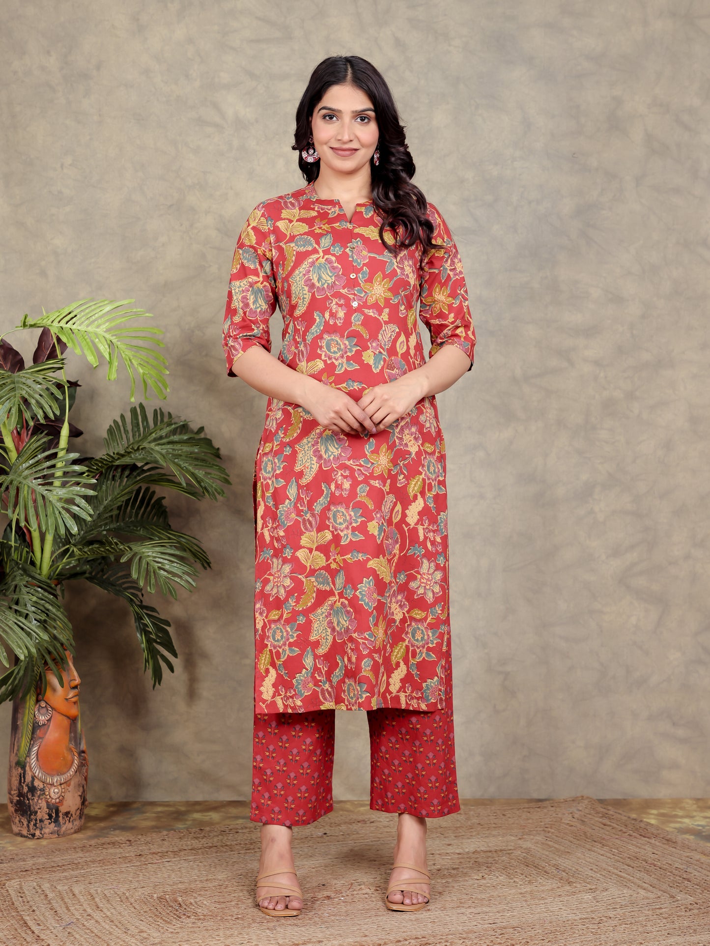 Soft Cotton Floral Straight Red Kurta
