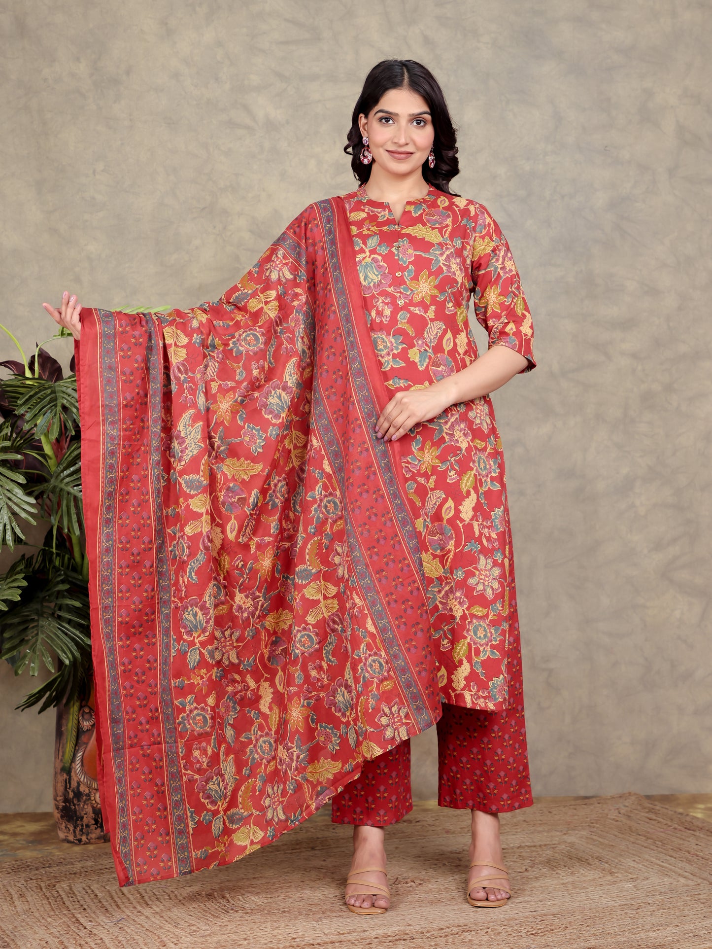 Soft Cotton Floral Straight Red Kurta