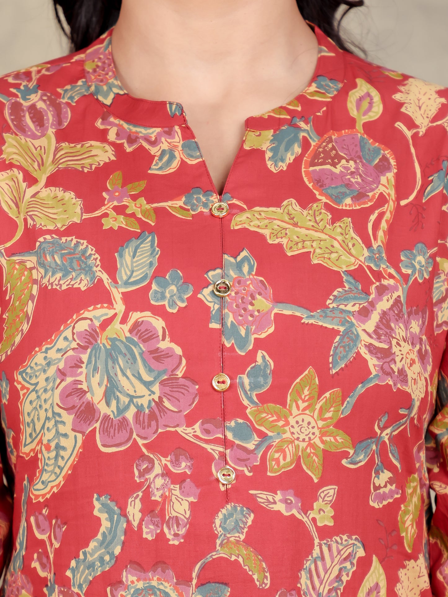 Soft Cotton Floral Straight Red Kurta