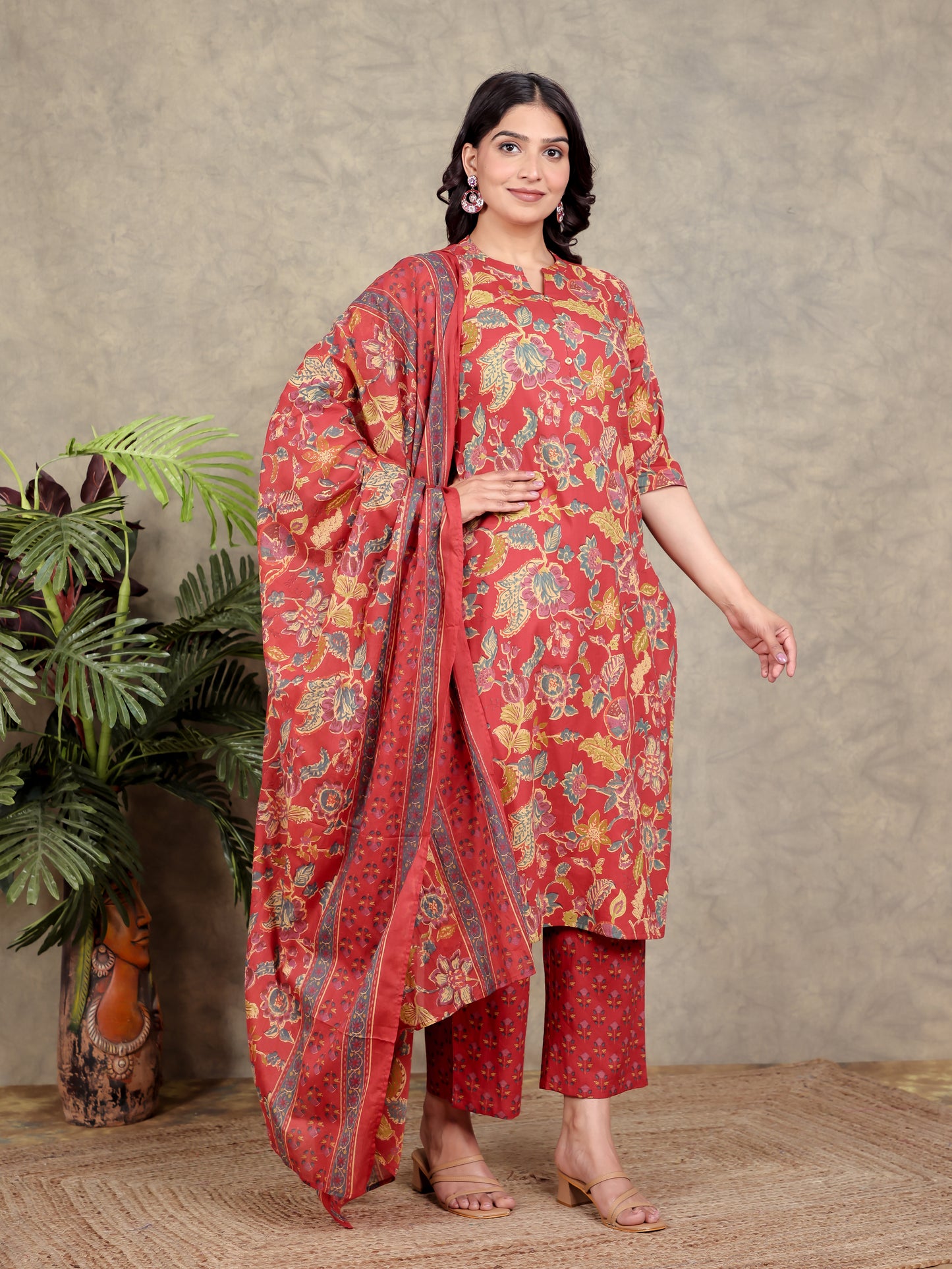 Soft Cotton Floral Straight Red Kurta