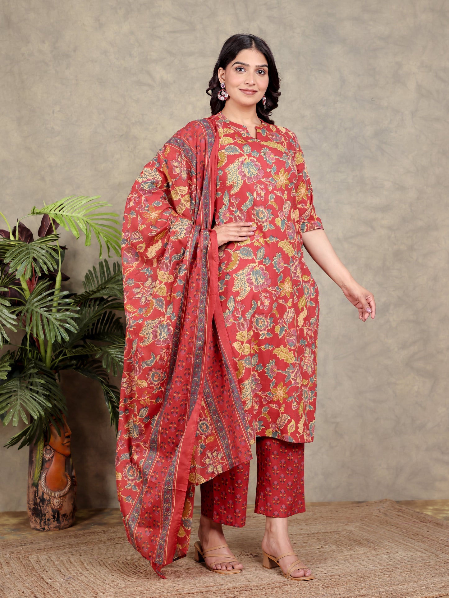 Soft Cotton Floral Straight Red Kurta