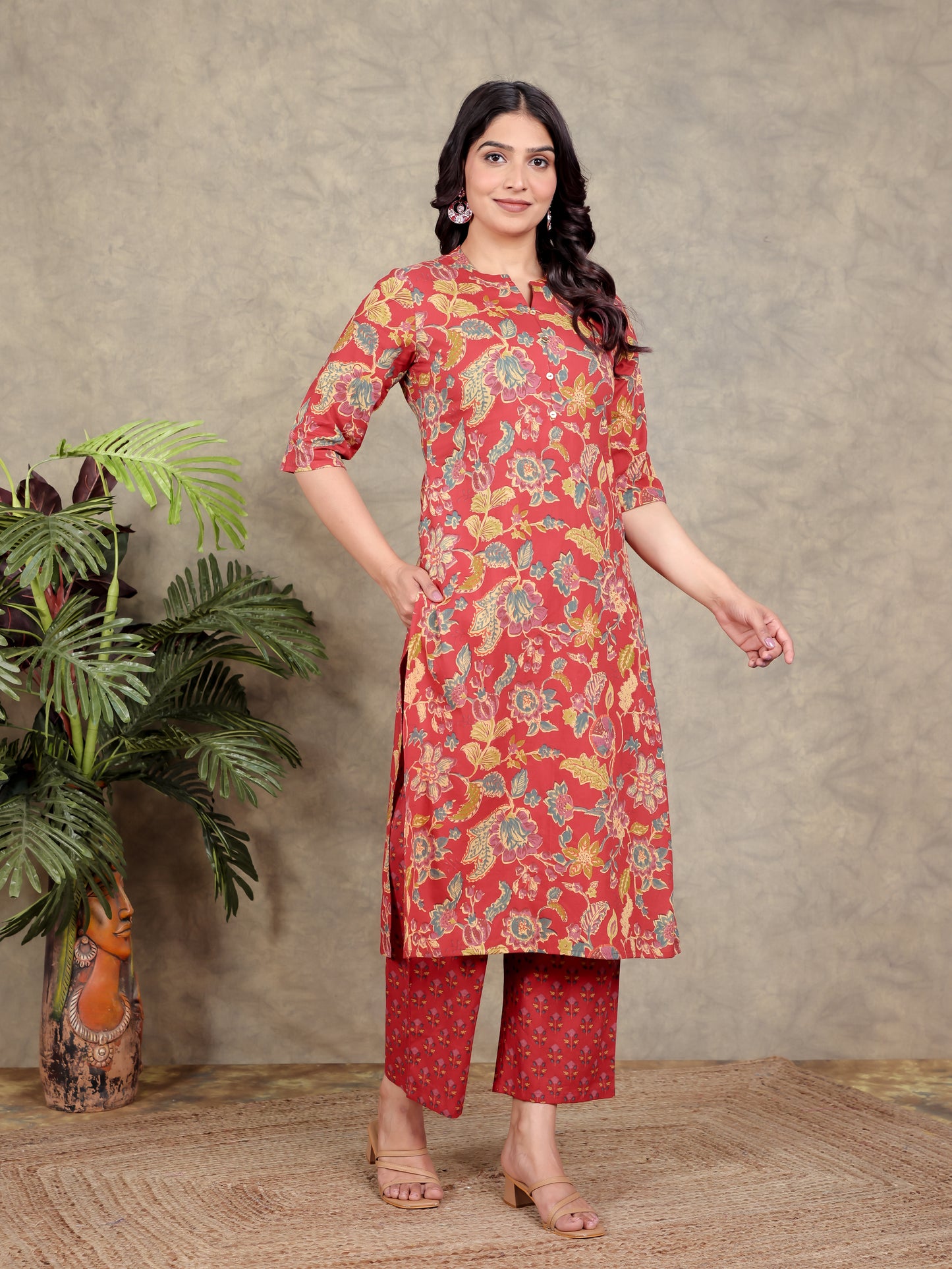 Soft Cotton Floral Straight Red Kurta