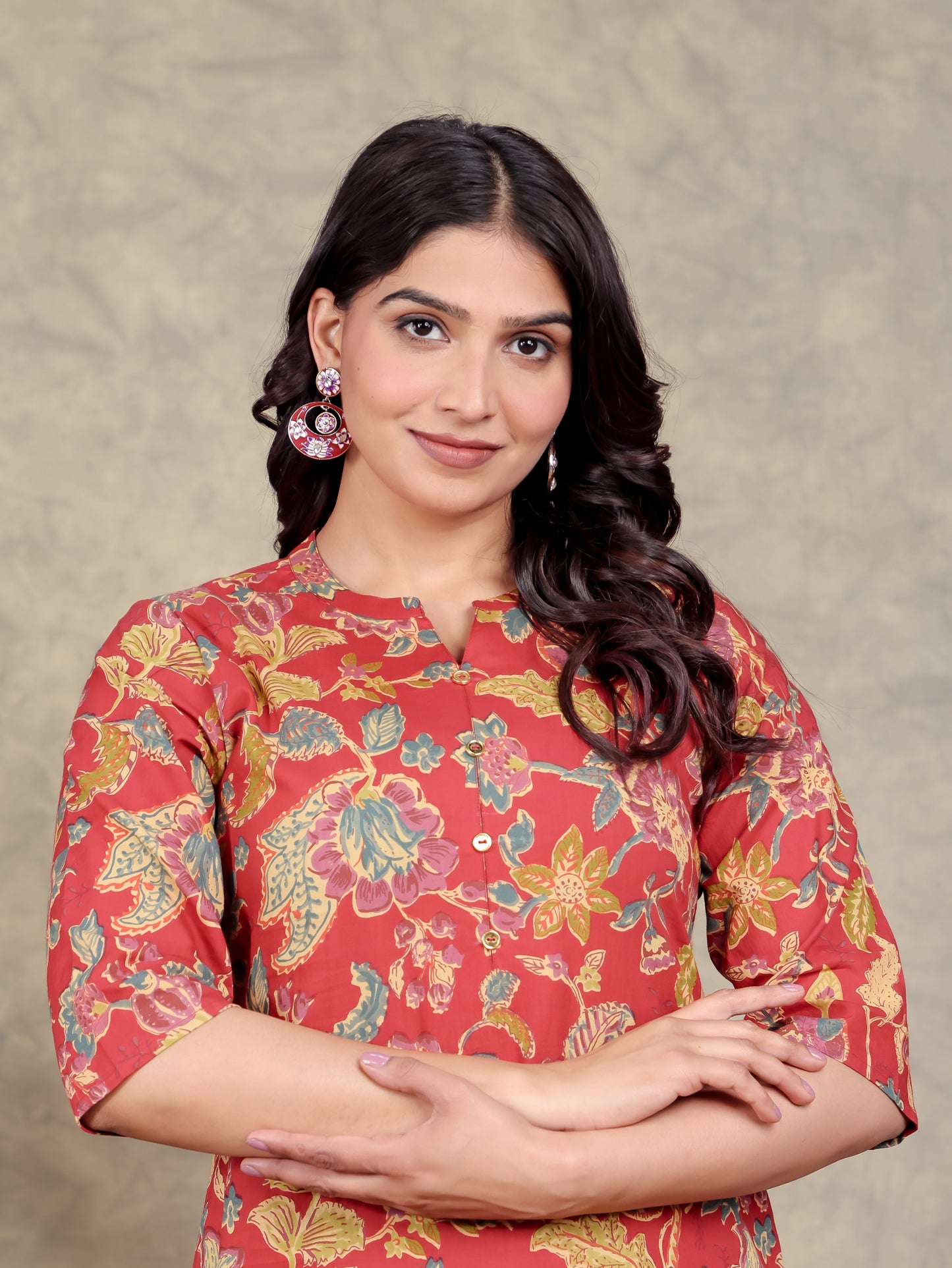Soft Cotton Floral Straight Red Kurta