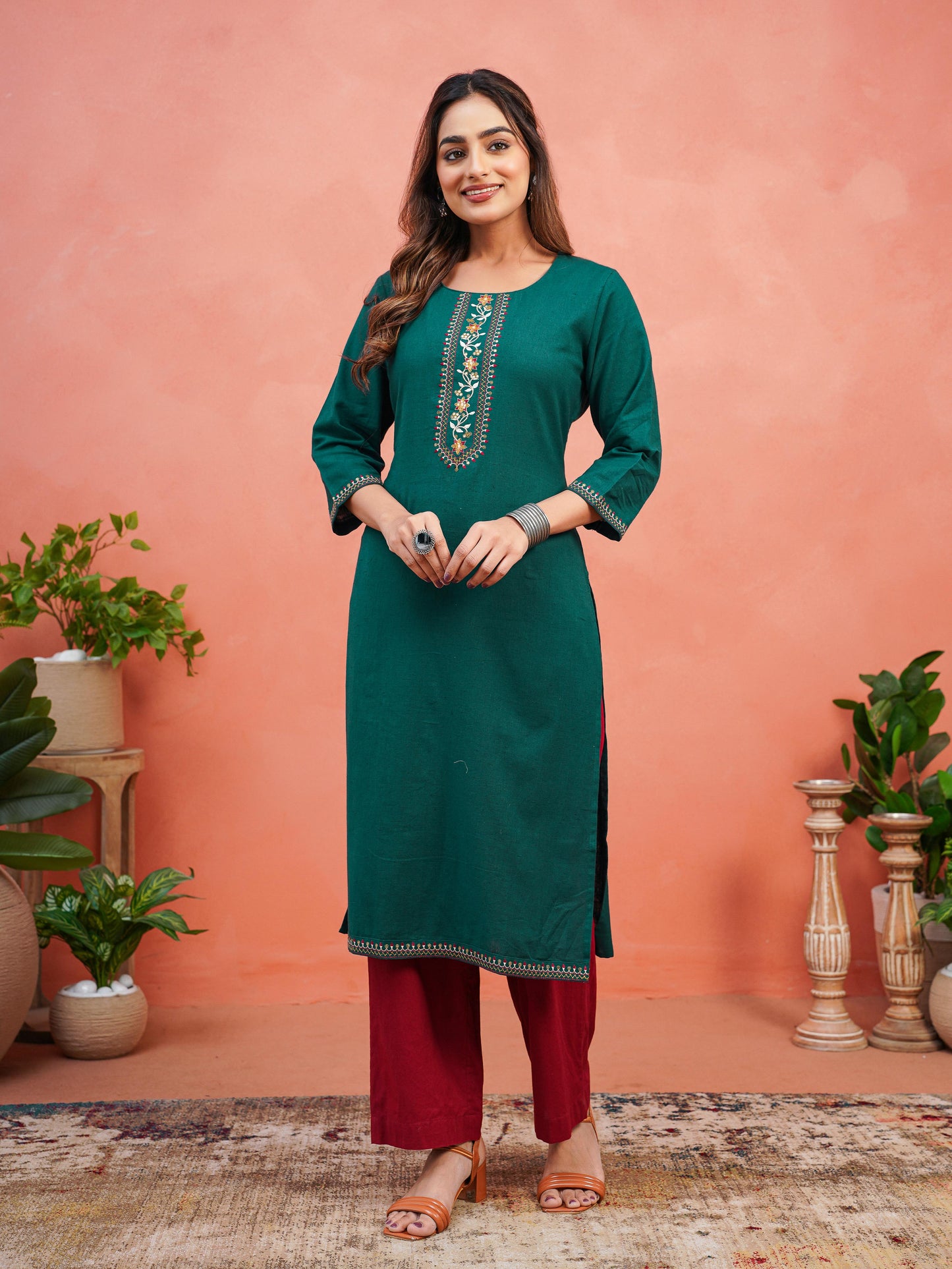 Embroidered Linen Cotton Solid Straight Teal Kurta