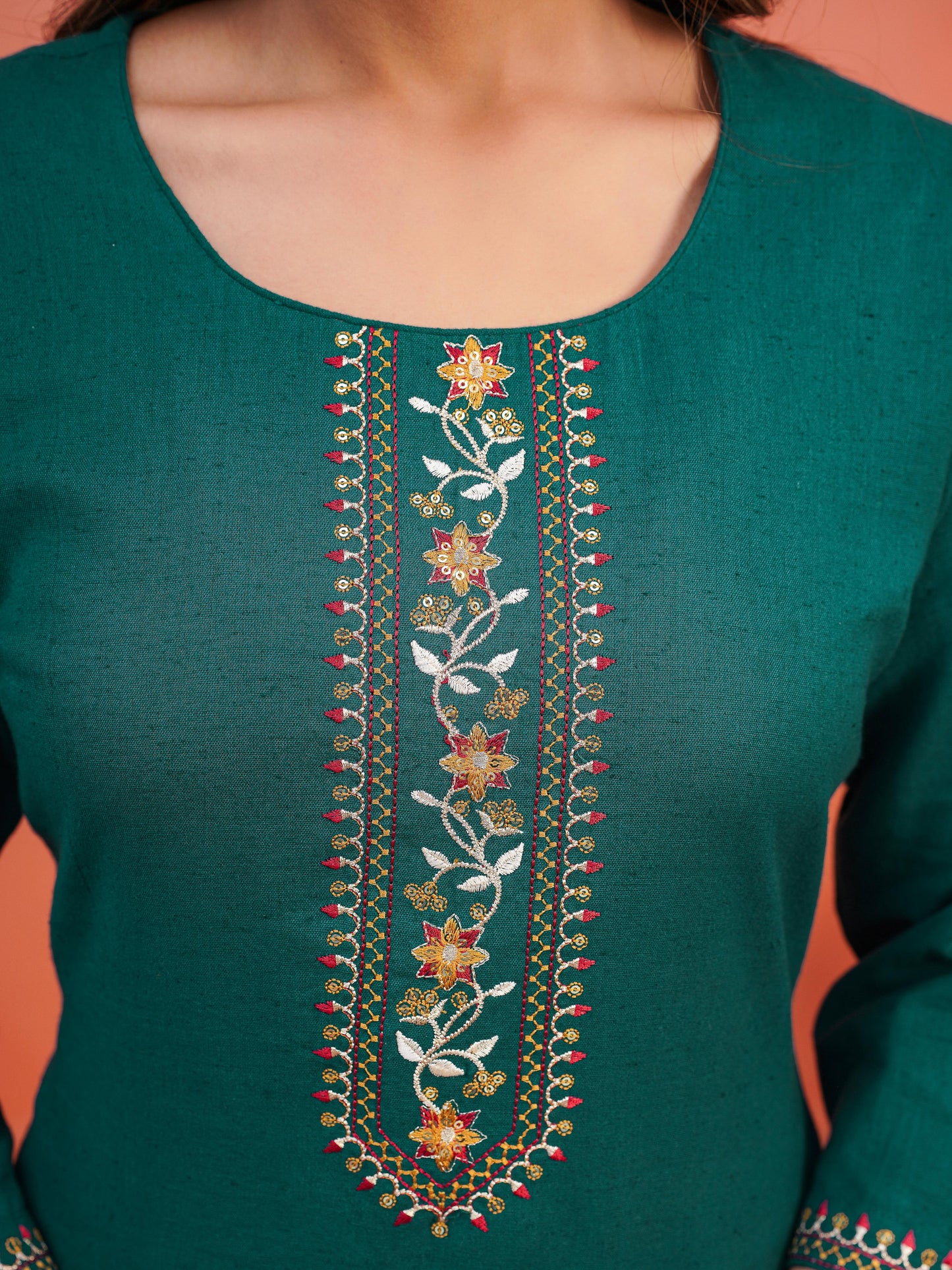 Embroidered Linen Cotton Solid Straight Teal Kurta