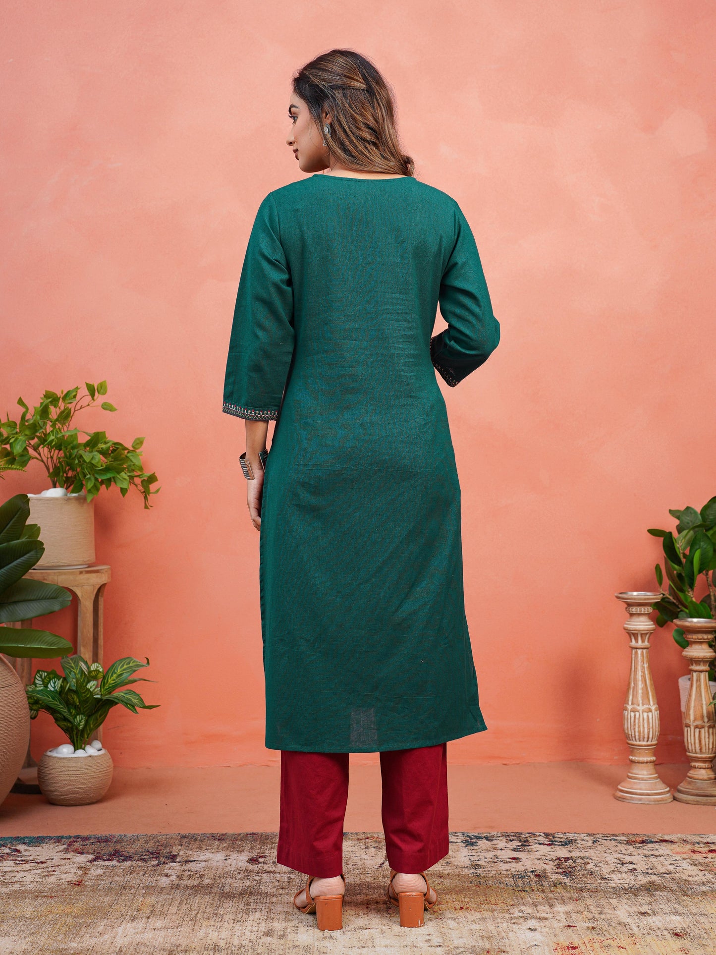 Embroidered Linen Cotton Solid Straight Teal Kurta