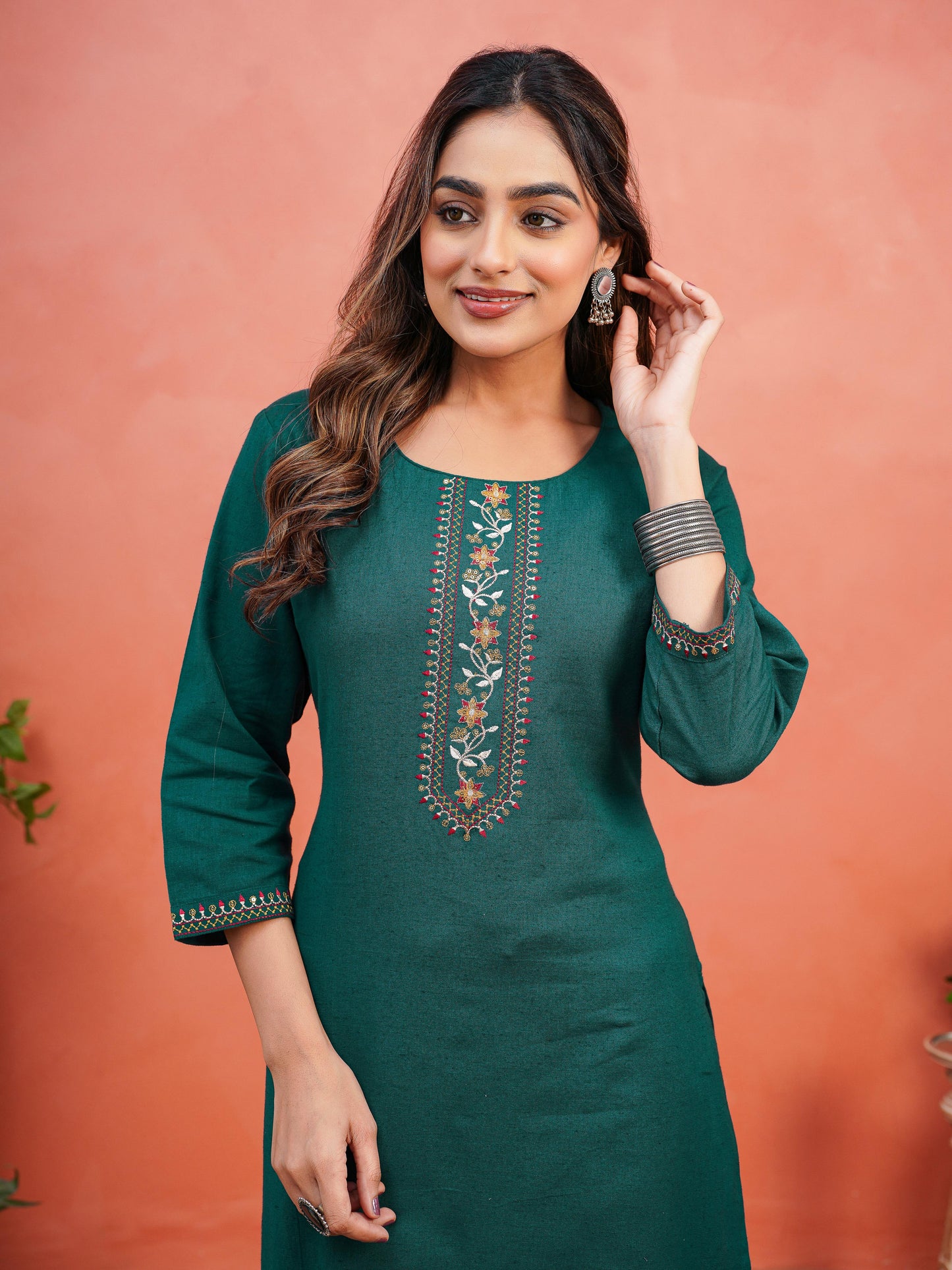 Embroidered Linen Cotton Solid Straight Teal Kurta