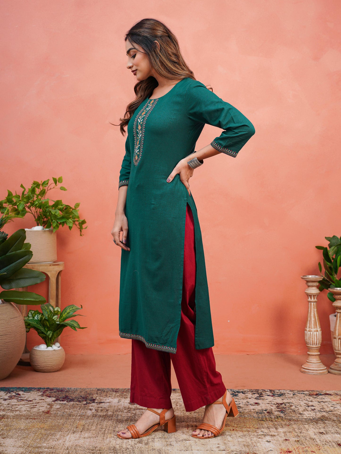 Embroidered Linen Cotton Solid Straight Teal Kurta