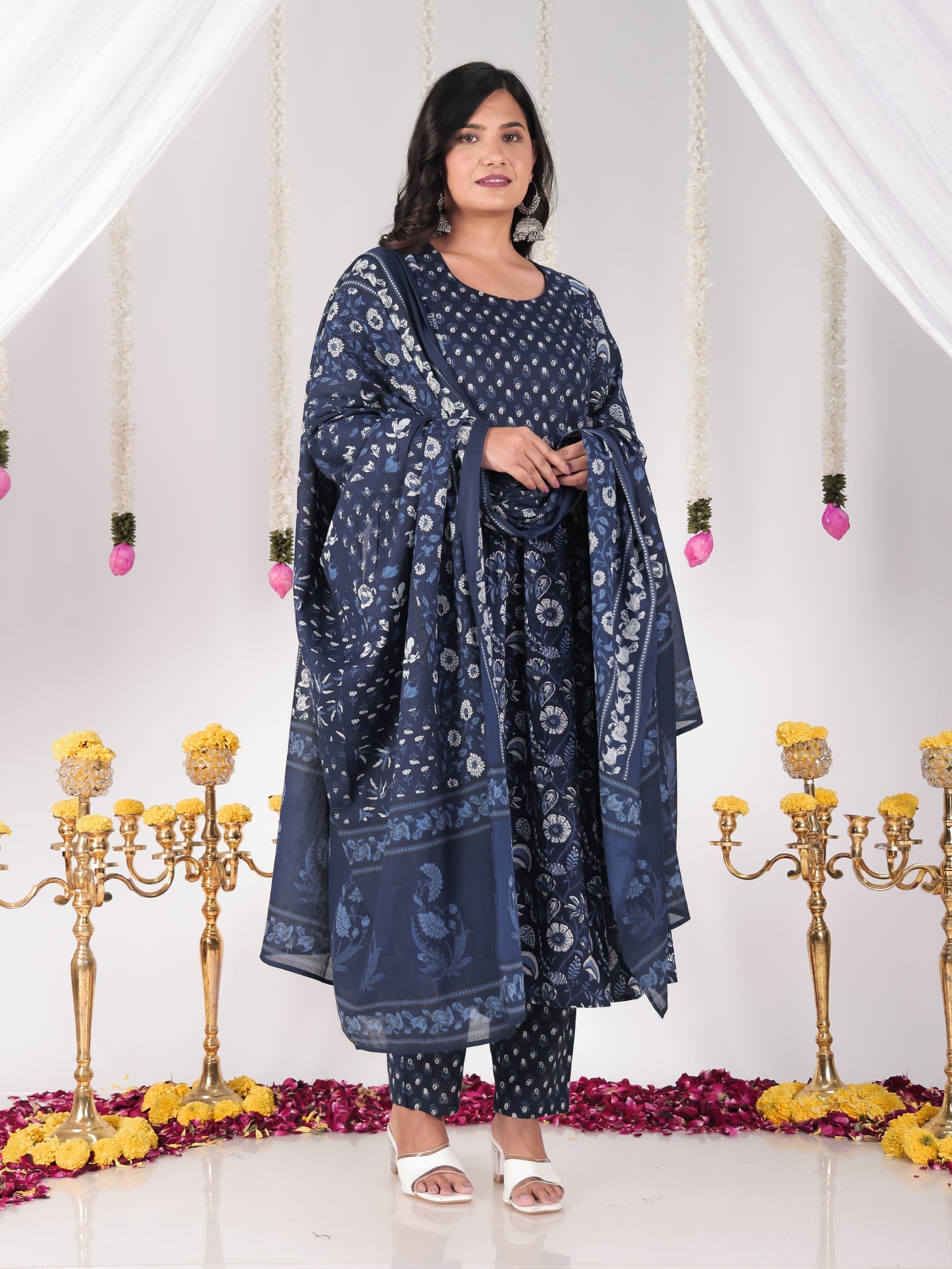 Soft Cotton Floral Flared Blue Kurta