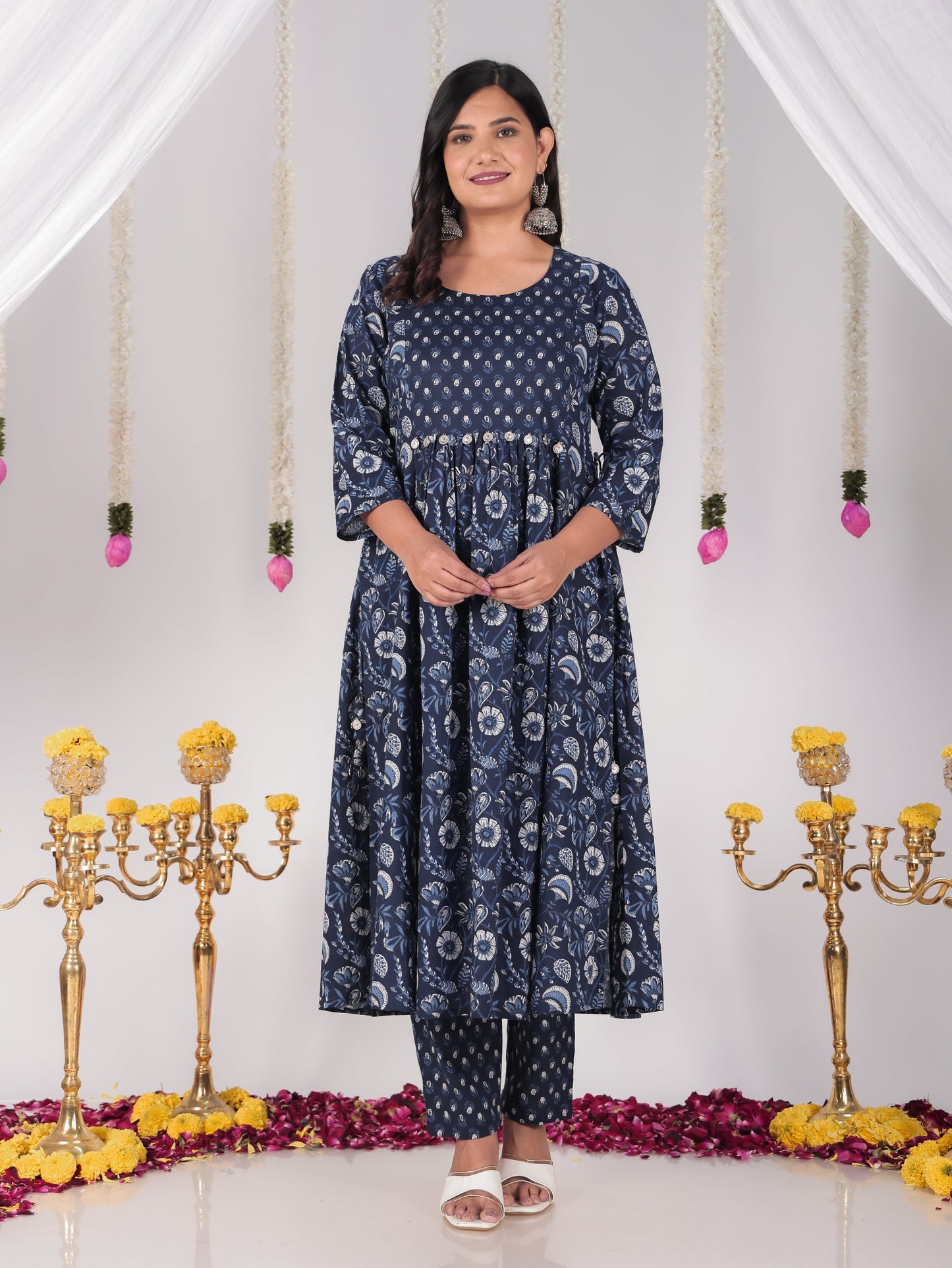 Soft Cotton Floral Flared Blue Kurta