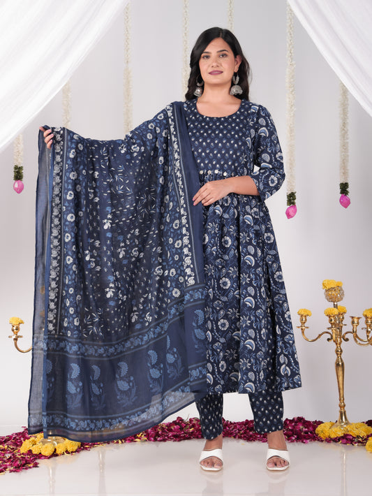 Soft Cotton Floral Flared Blue Kurta
