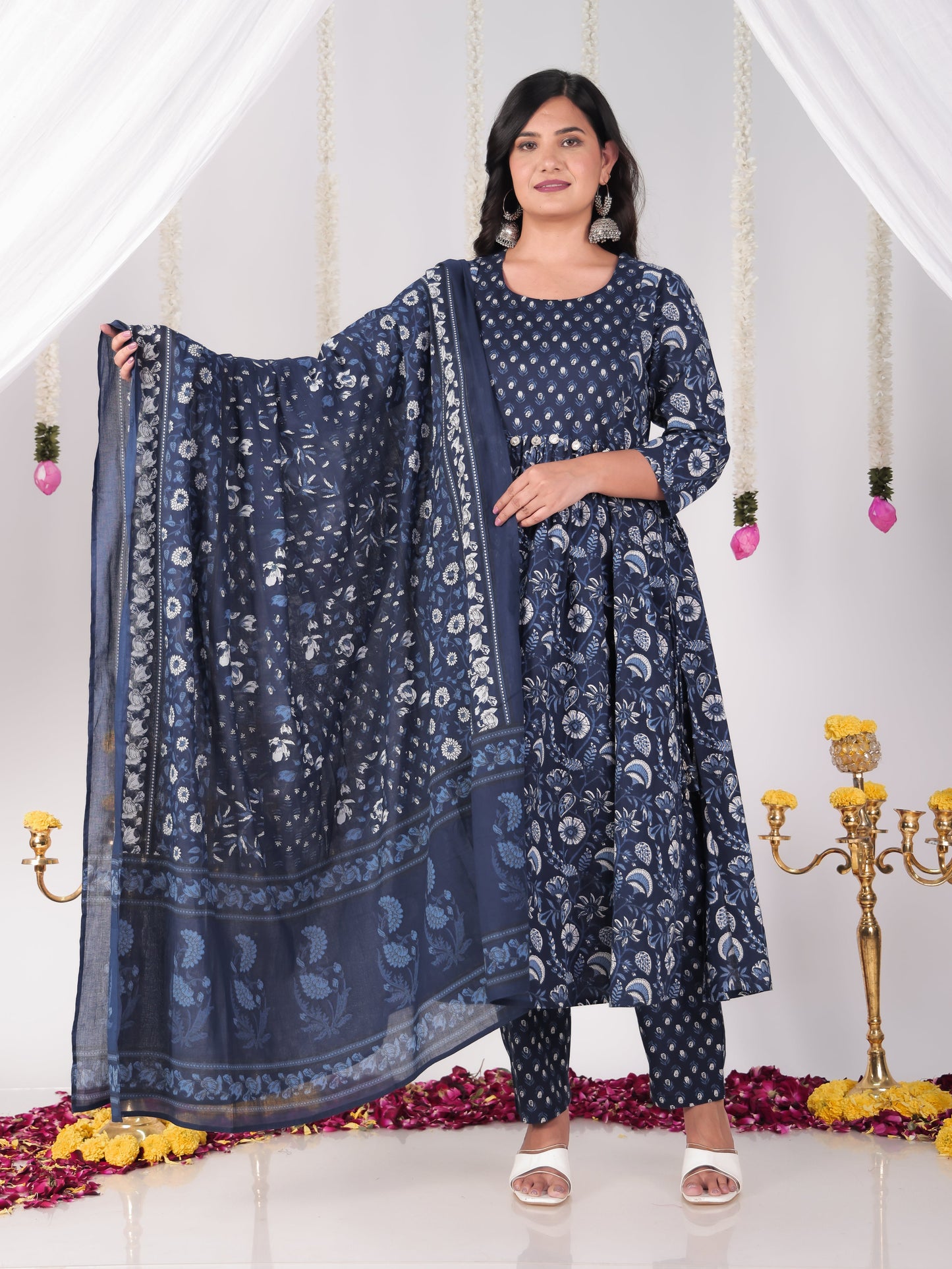 Soft Cotton Floral A-line Blue Kurta