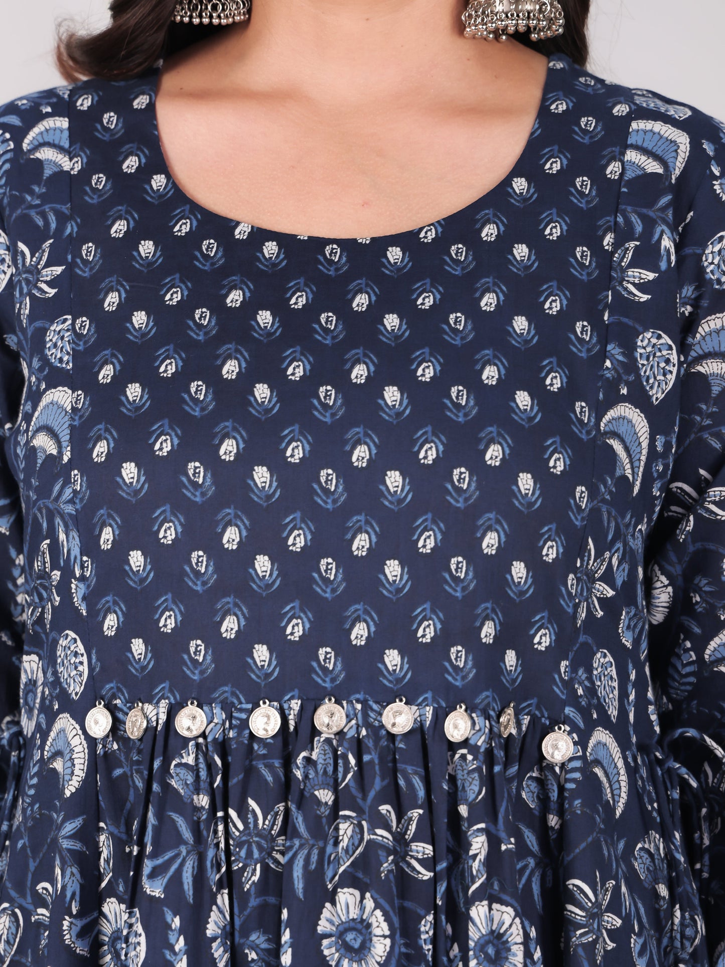 Soft Cotton Floral Flared Blue Kurta