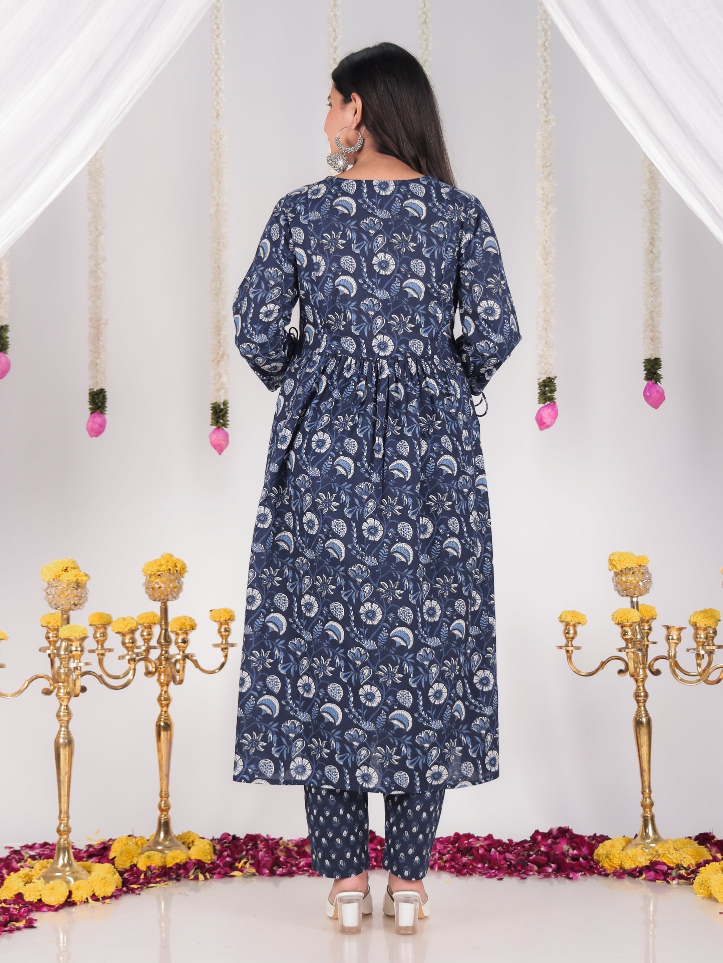 Soft Cotton Floral Flared Blue Kurta