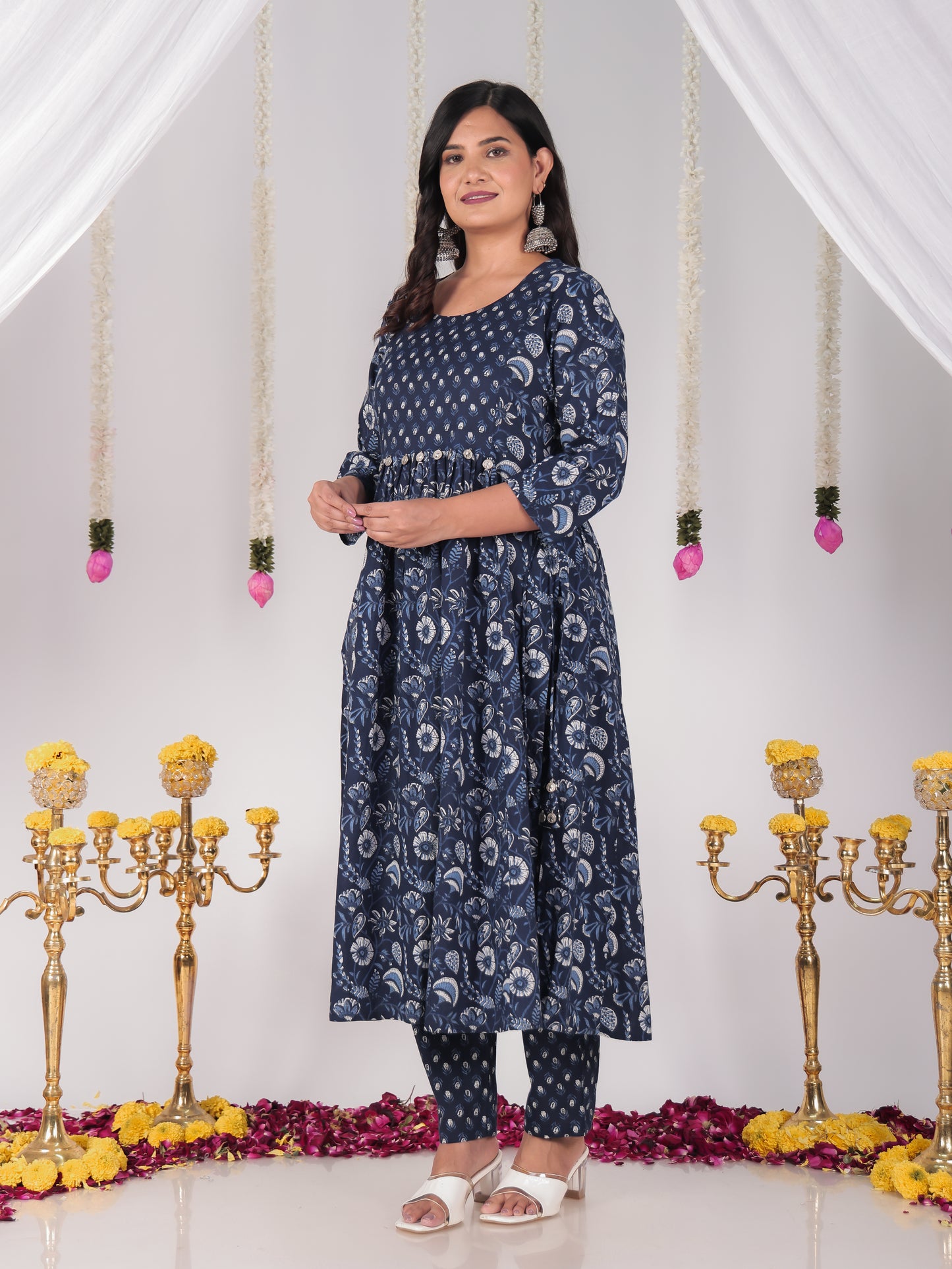 Soft Cotton Floral Flared Blue Kurta