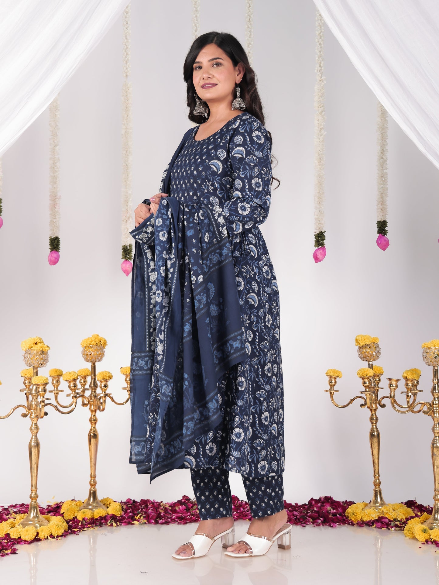 Soft Cotton Floral Flared Blue Kurta