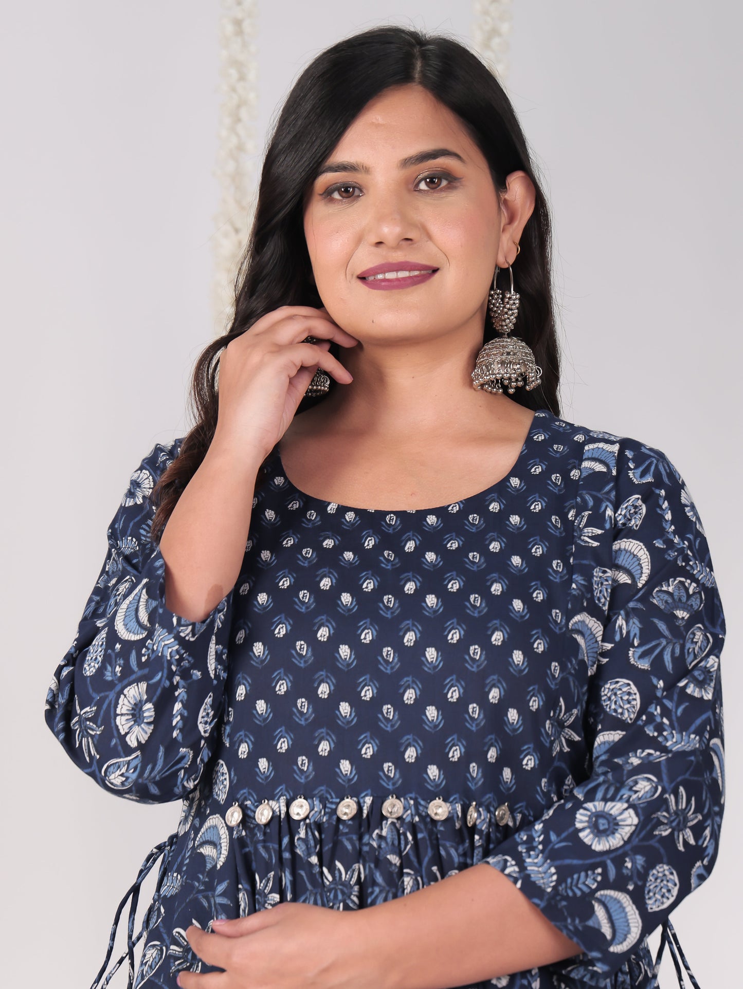Soft Cotton Floral Flared Blue Kurta