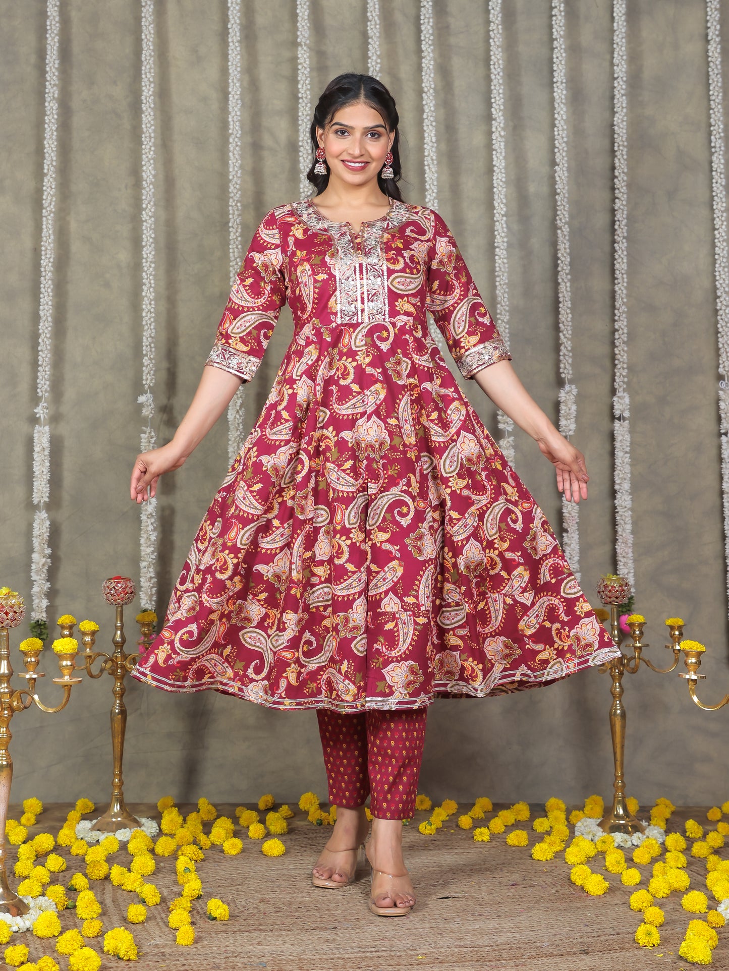 Embroidered Soft Cotton Paisley Anarkali Purple Kurta